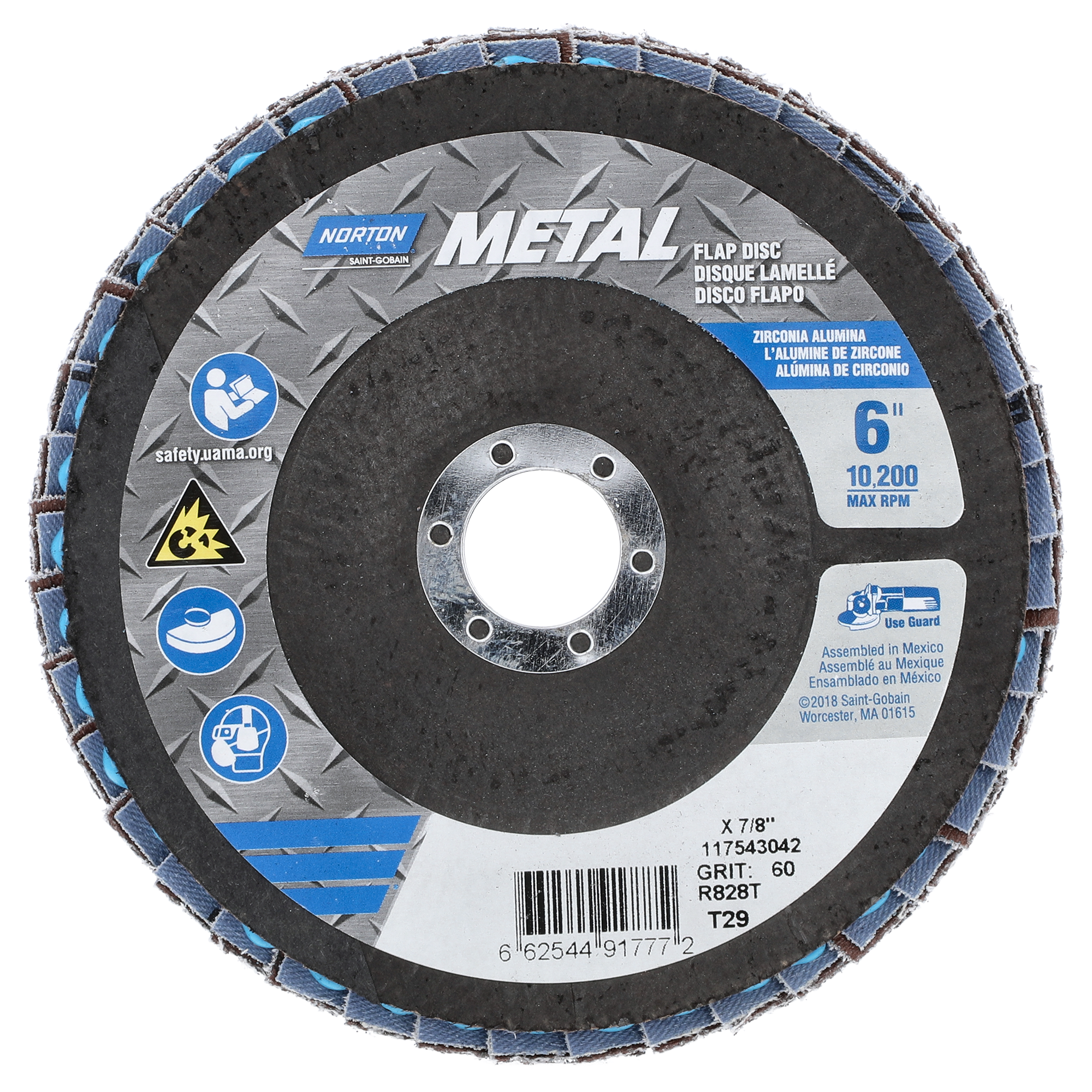 Norton 6 x 7/8 In. Metal Fiberglass Conical Flap Disc T29 P60 Grit R828 ZA