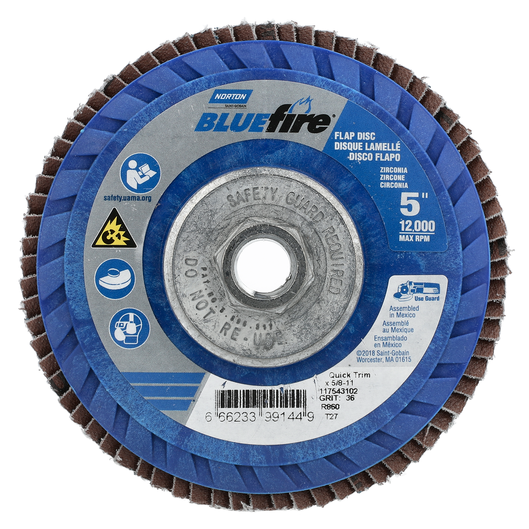 Norton 5 x 5/8 - 11 In. BlueFire Plastic Flat Flap Disc T27 P36 Grit R884P ZA