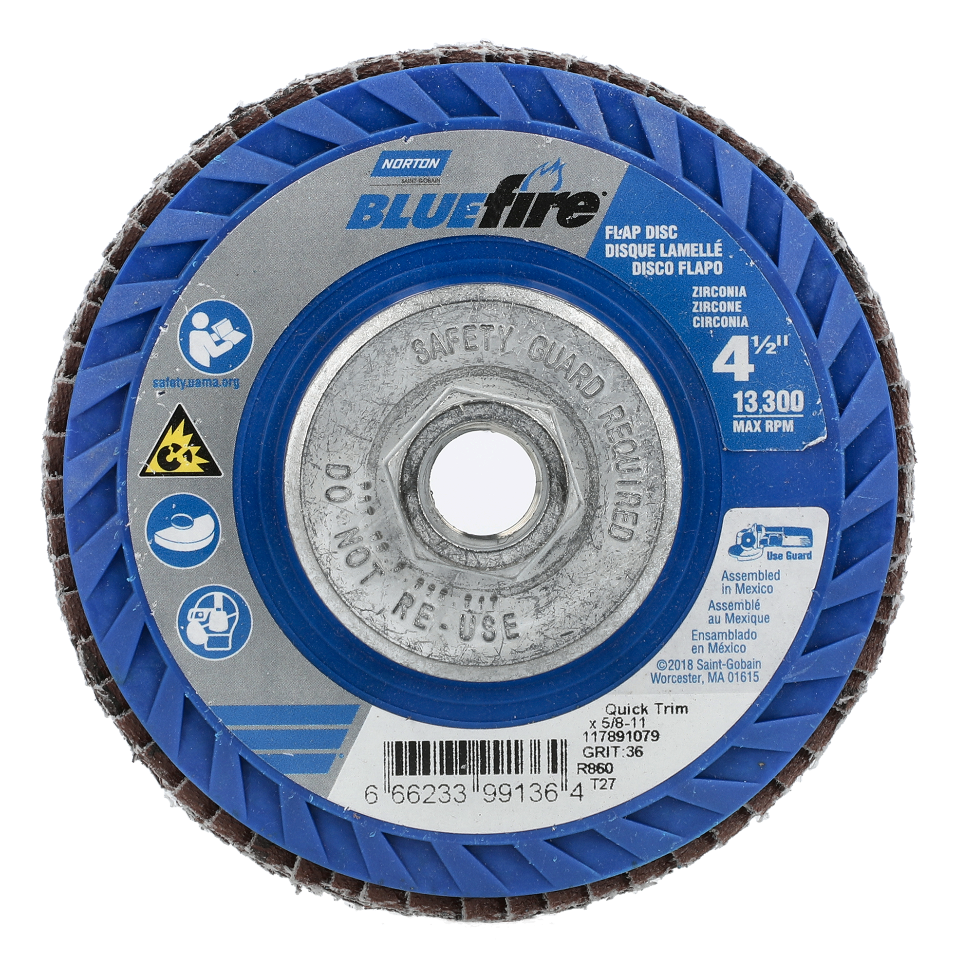 Norton 4-1/2 x 5/8 - 11 In. BlueFire Plastic Flat Flap Disc T27 P36 Grit R884P ZA