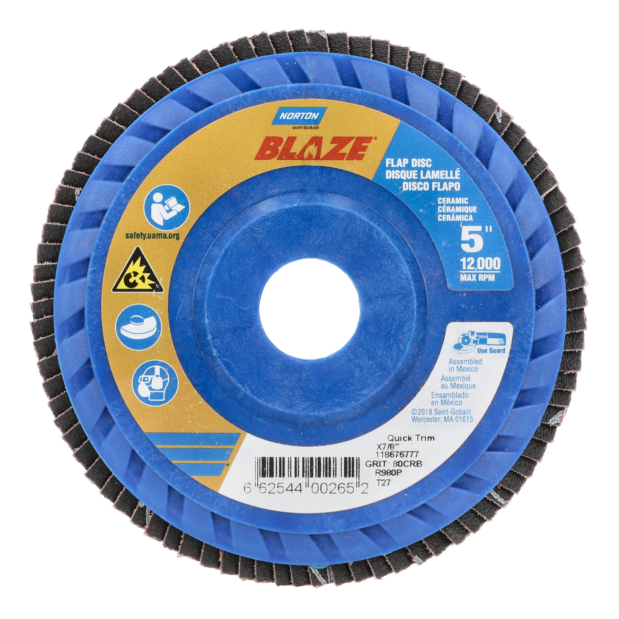 Norton 5 x 7/8 In. Blaze Plastic Flat Flap Disc T27 80 Grit R980P