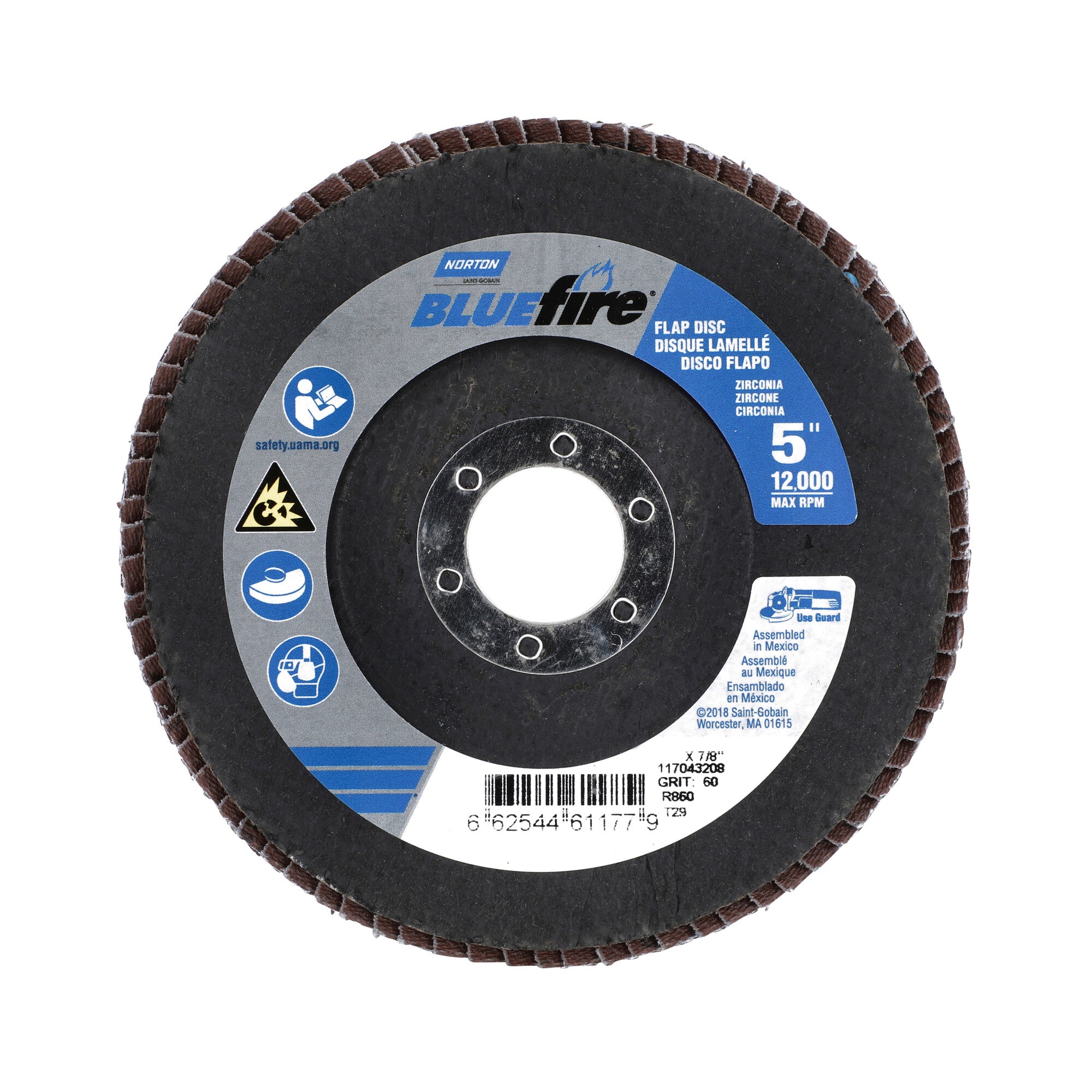 Norton 5 x 7/8 In. BlueFire Fiberglass Conical Flap Disc T29 P60 Grit R884P ZA