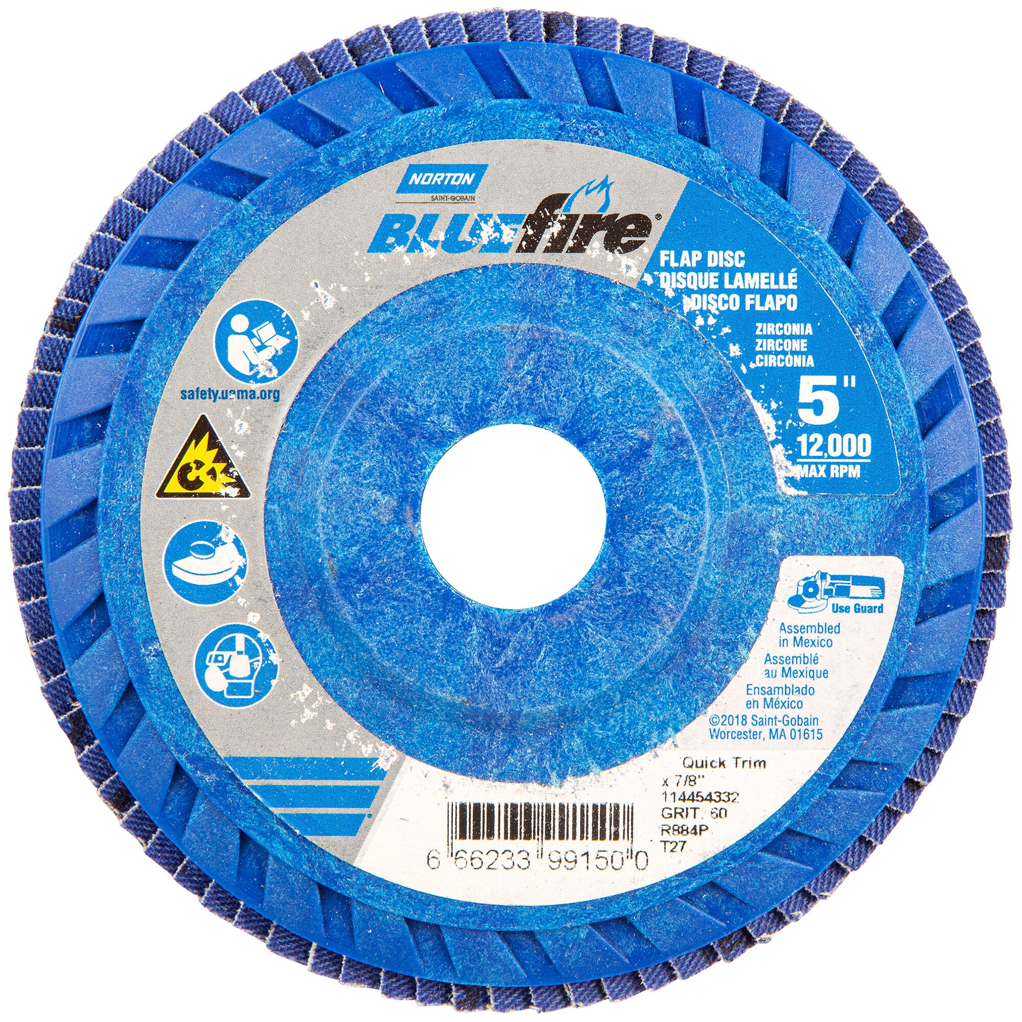 Norton 5 x 7/8 In. BlueFire Plastic Flat Flap Disc T27 P60 Grit R884P ZA