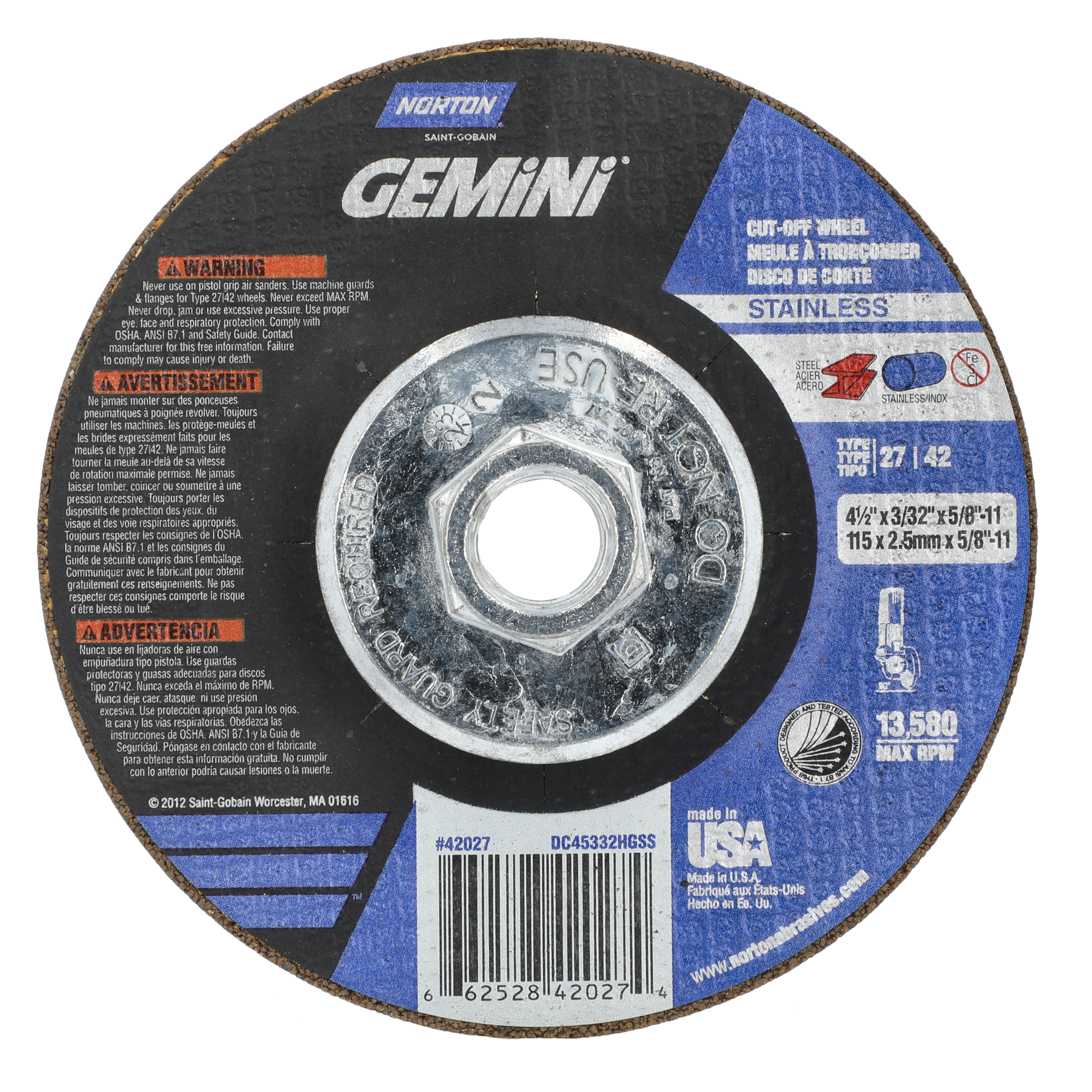 Norton 4-1/2 x 3/32 x 5/8 - 11 In. Gemini INOX/SS Cutting Wheel 30 Q BDA T27/42