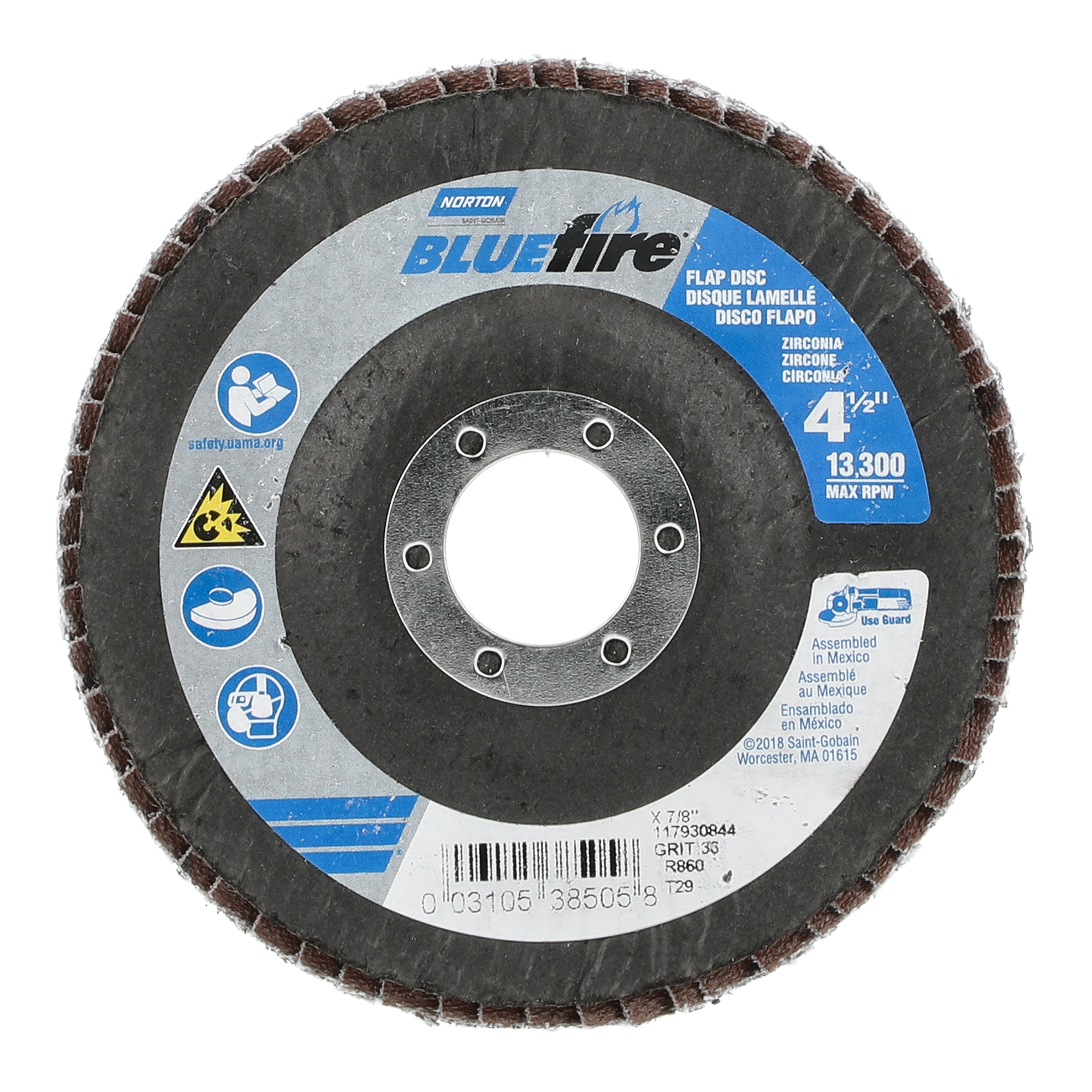 Norton 4-1/2 x 7/8 In. BlueFire Fiberglass Conical Flap Disc T29 P36 Grit R884V1 ZA