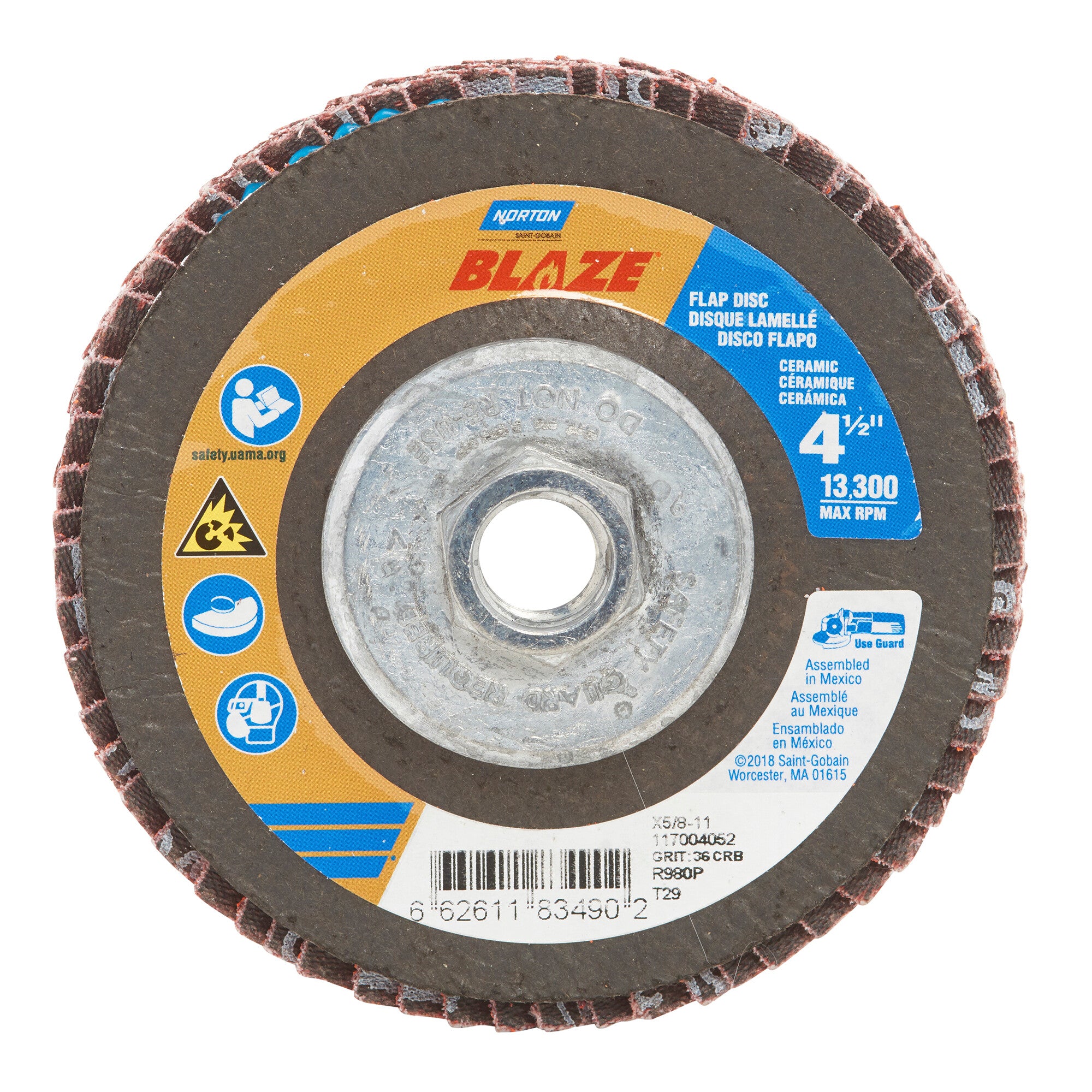 Norton 4-1/2 x 5/8 - 11 In. Blaze Fiberglass Conical Flap Disc T29 36 Grit R980P CA