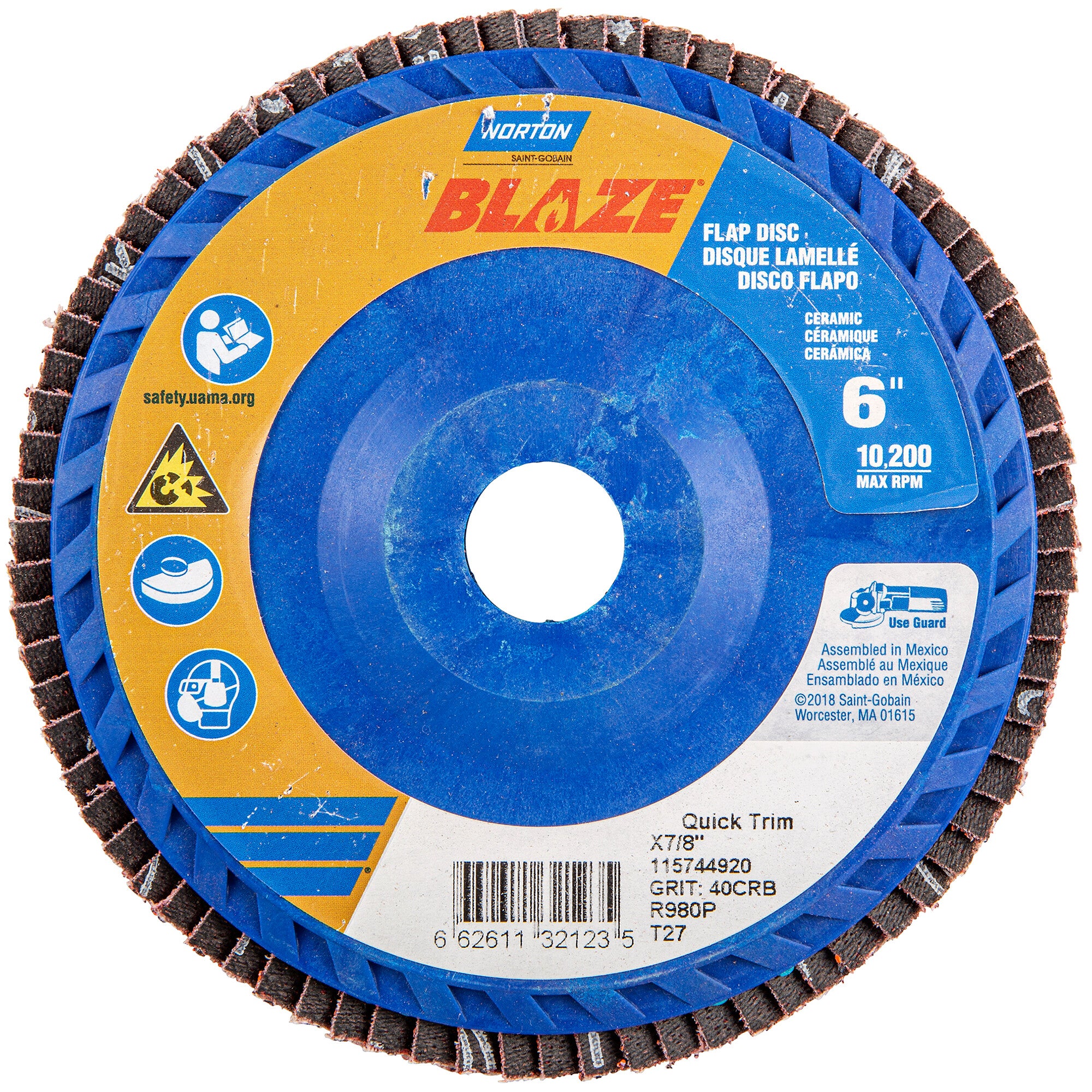 Norton 6 x 7/8 In. Blaze Plastic Flat Flap Disc T27 40 Grit R980P CA
