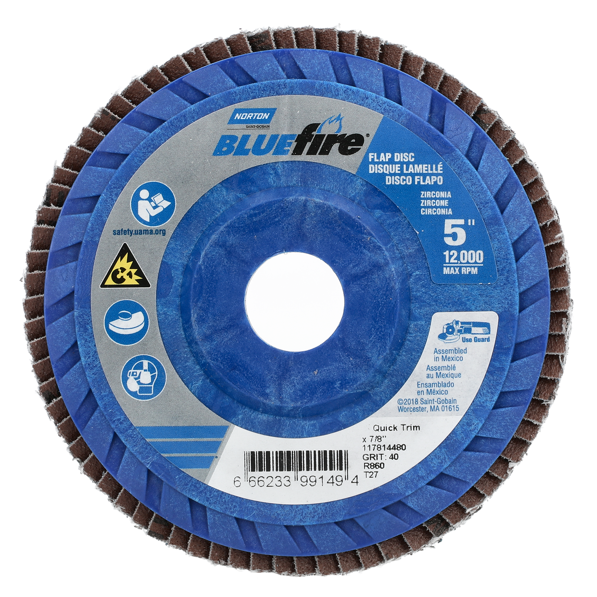 Norton 5 x 7/8 In. BlueFire Plastic Flat Flap Disc T27 P40 Grit R884P ZA