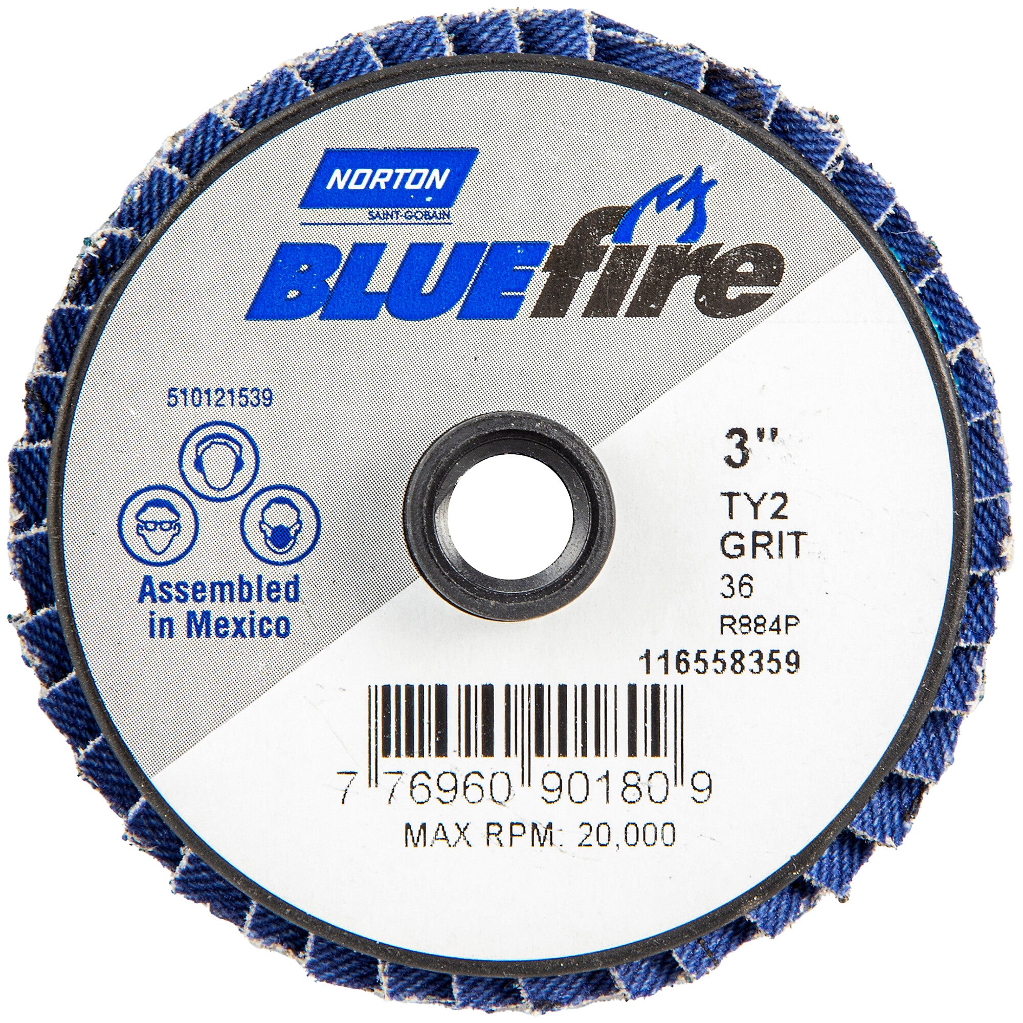 Norton 3 In. BlueFire Plastic Flat Mini Flap Disc Type II T27 P36 Grit R884P1 ZA