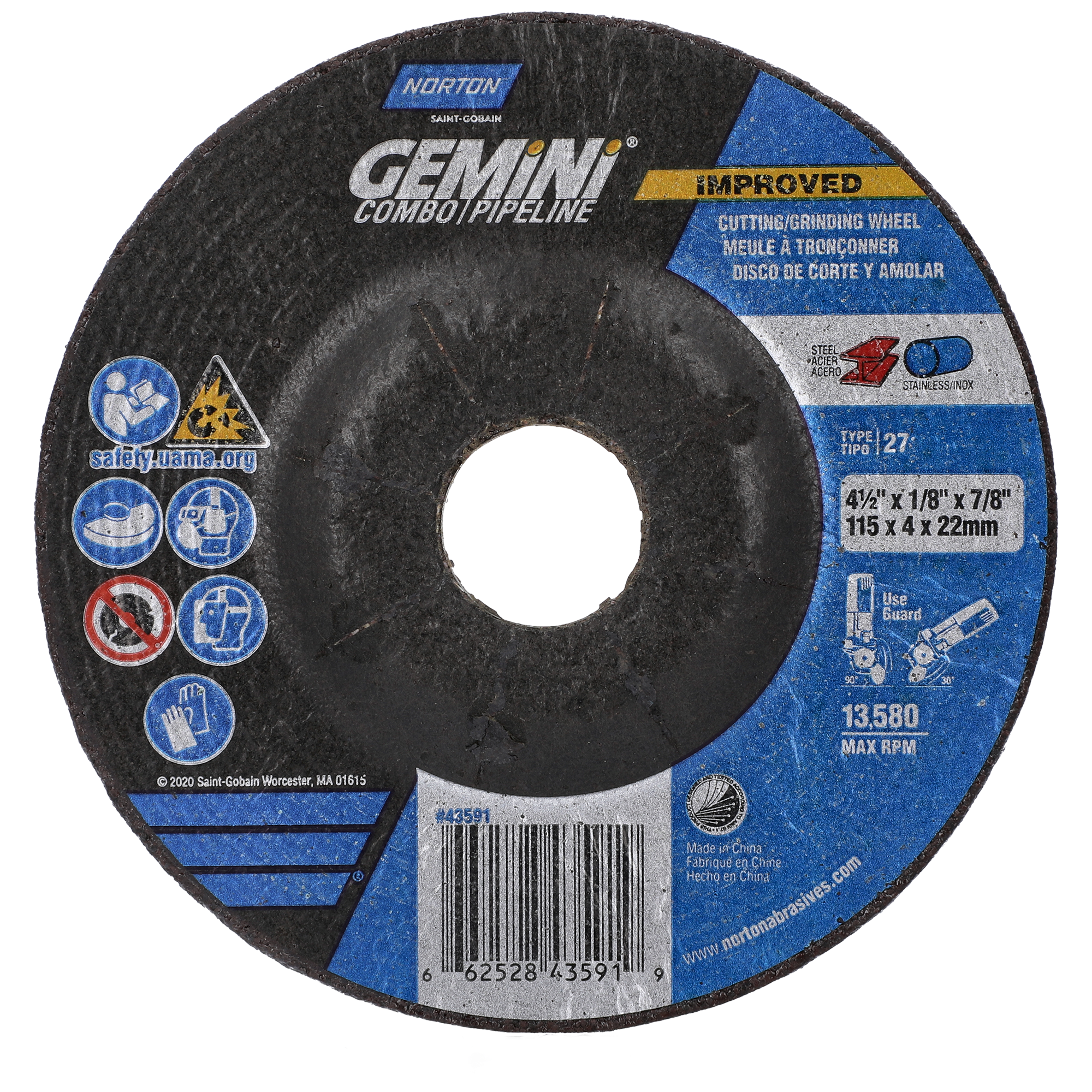 Norton 4-1/2 x 1/8 x 7/8 In. Gemini Grinding and Cutting Whl 24 T BDA3 T27