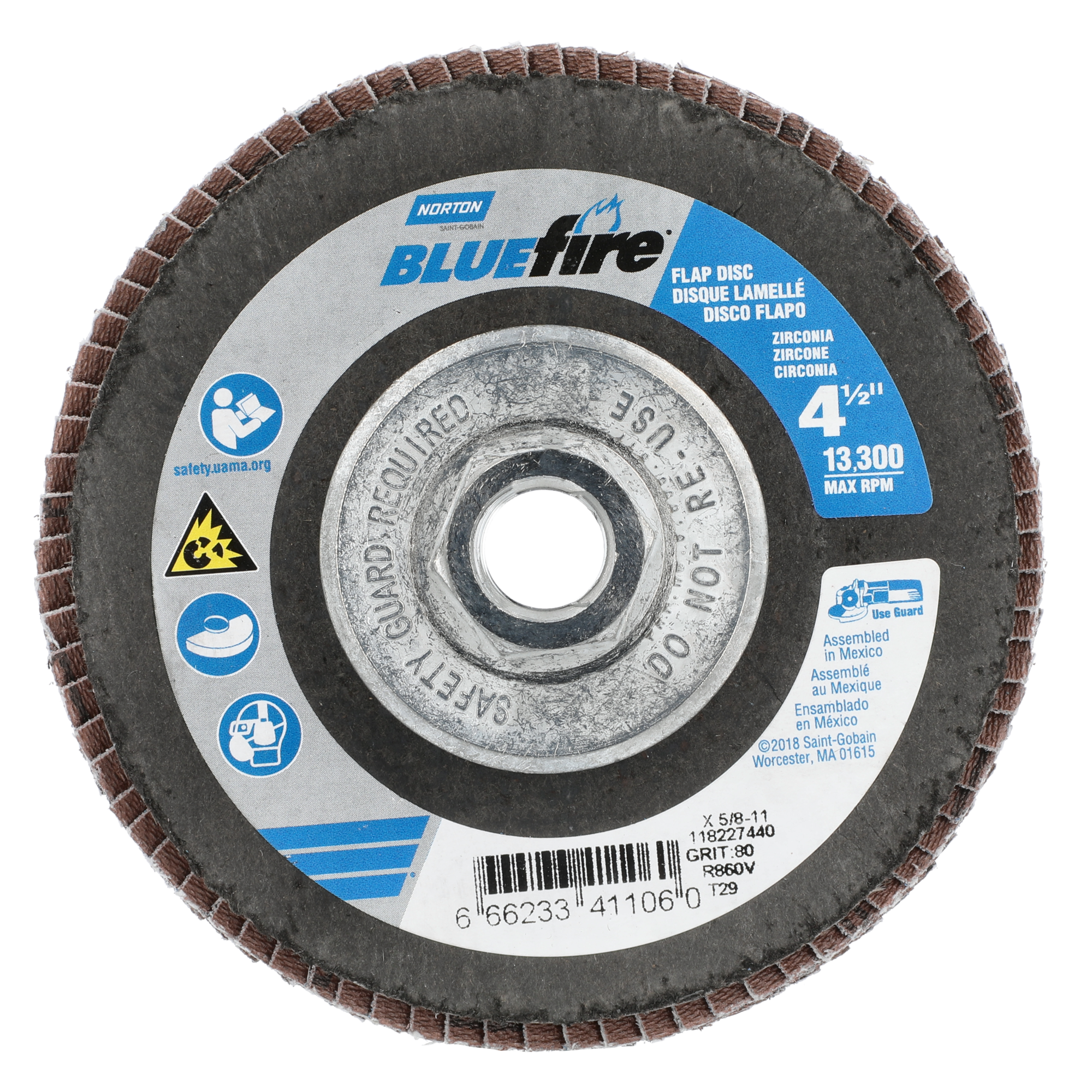 Norton 4-1/2 x 5/8 - 11 In. BlueFire Fiberglass Conical Flap Disc T29 P80 Grit R884V1 ZA