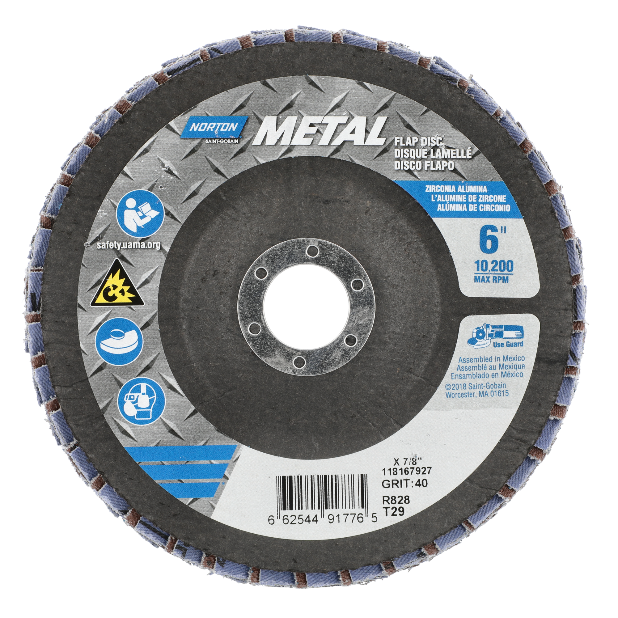Norton 6 x 7/8 In. Metal Fiberglass Conical Flap Disc T29 P40 Grit R828 ZA