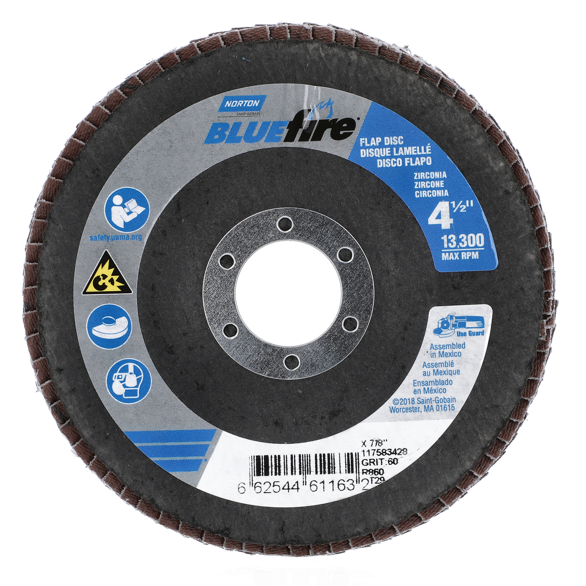 Norton 4-1/2 x 7/8 In. BlueFire Fiberglass Conical Flap Disc T29 P60 Grit R884P ZA