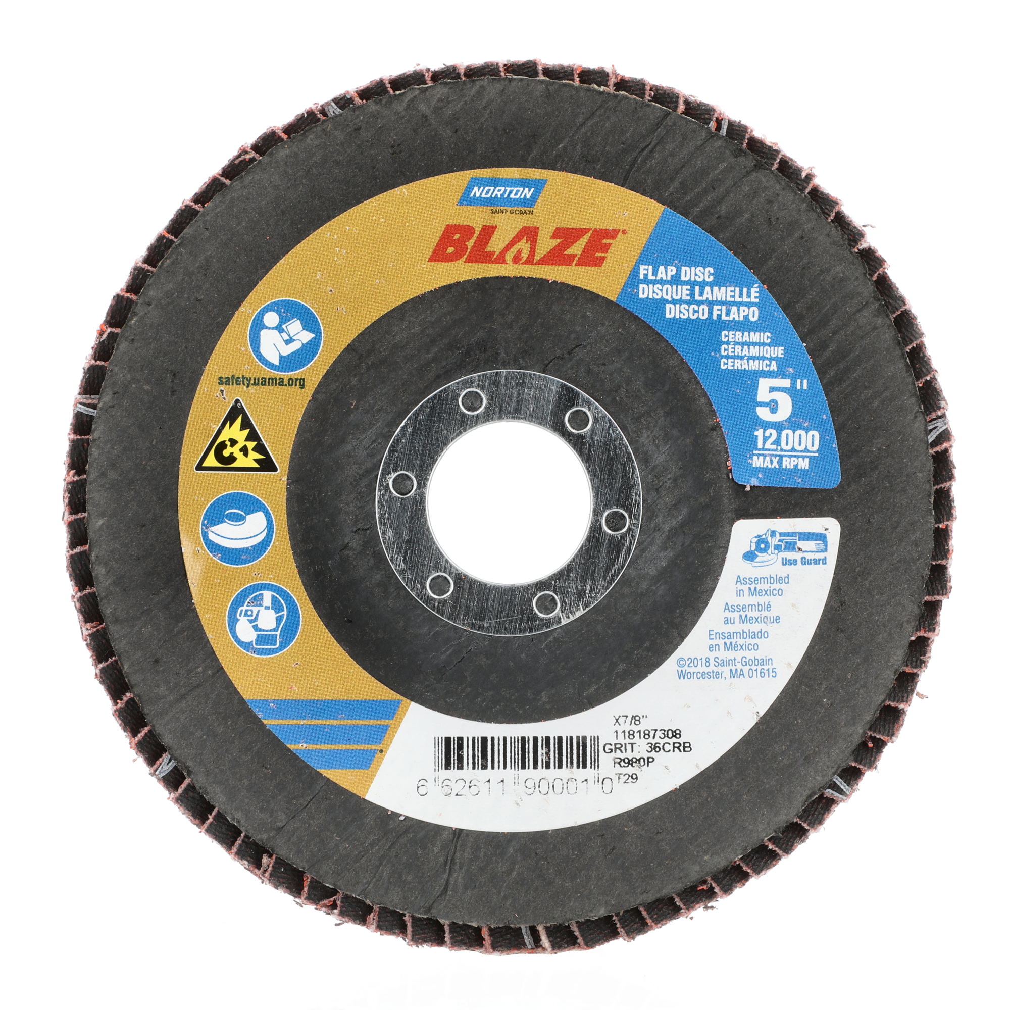 Norton 5 x 7/8 In. Blaze Fiberglass Conical Flap Disc T29 36 Grit R980P CA