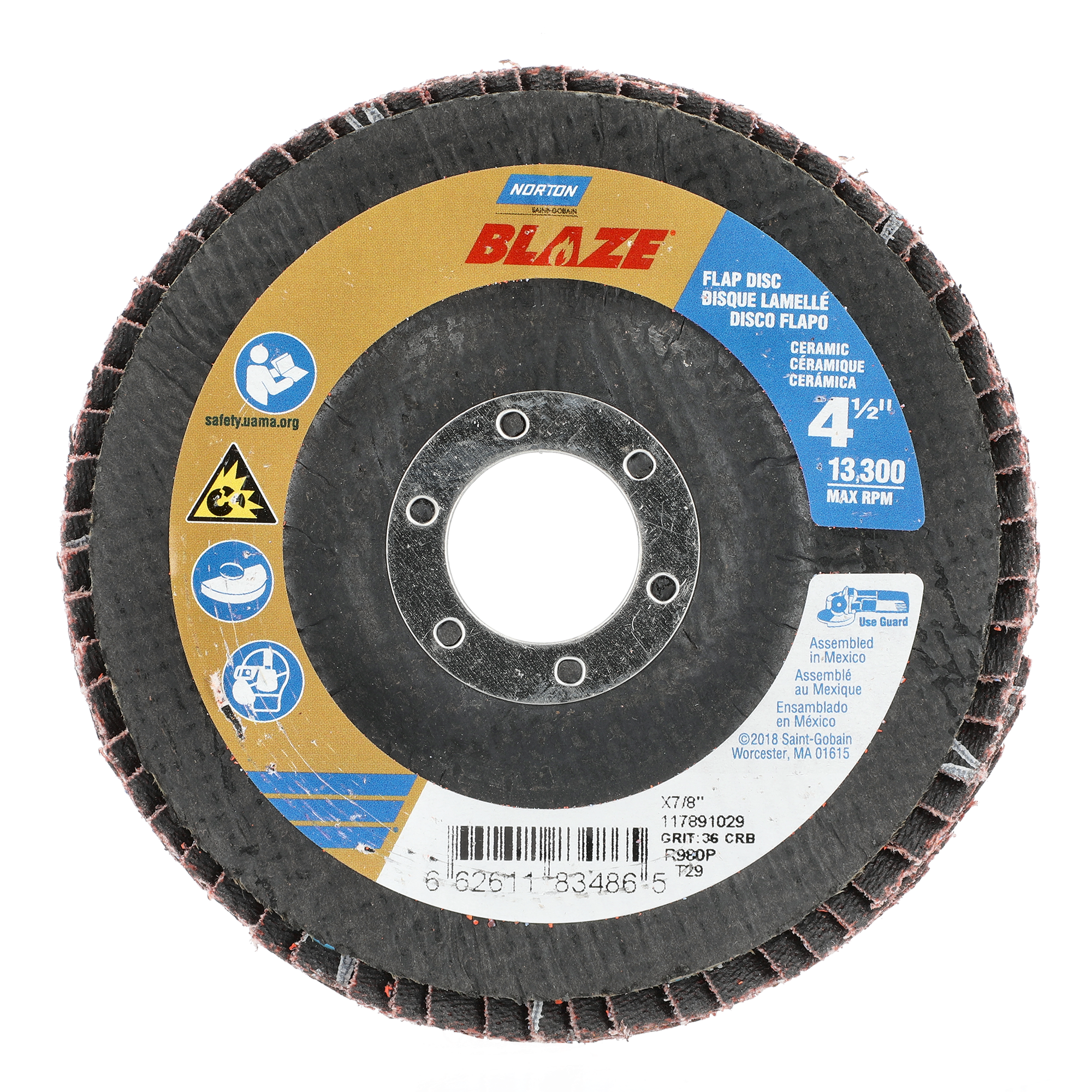 Norton 4-1/2 x 7/8 In. Blaze Fiberglass Conical Flap Disc T29 36 Grit R980P CA