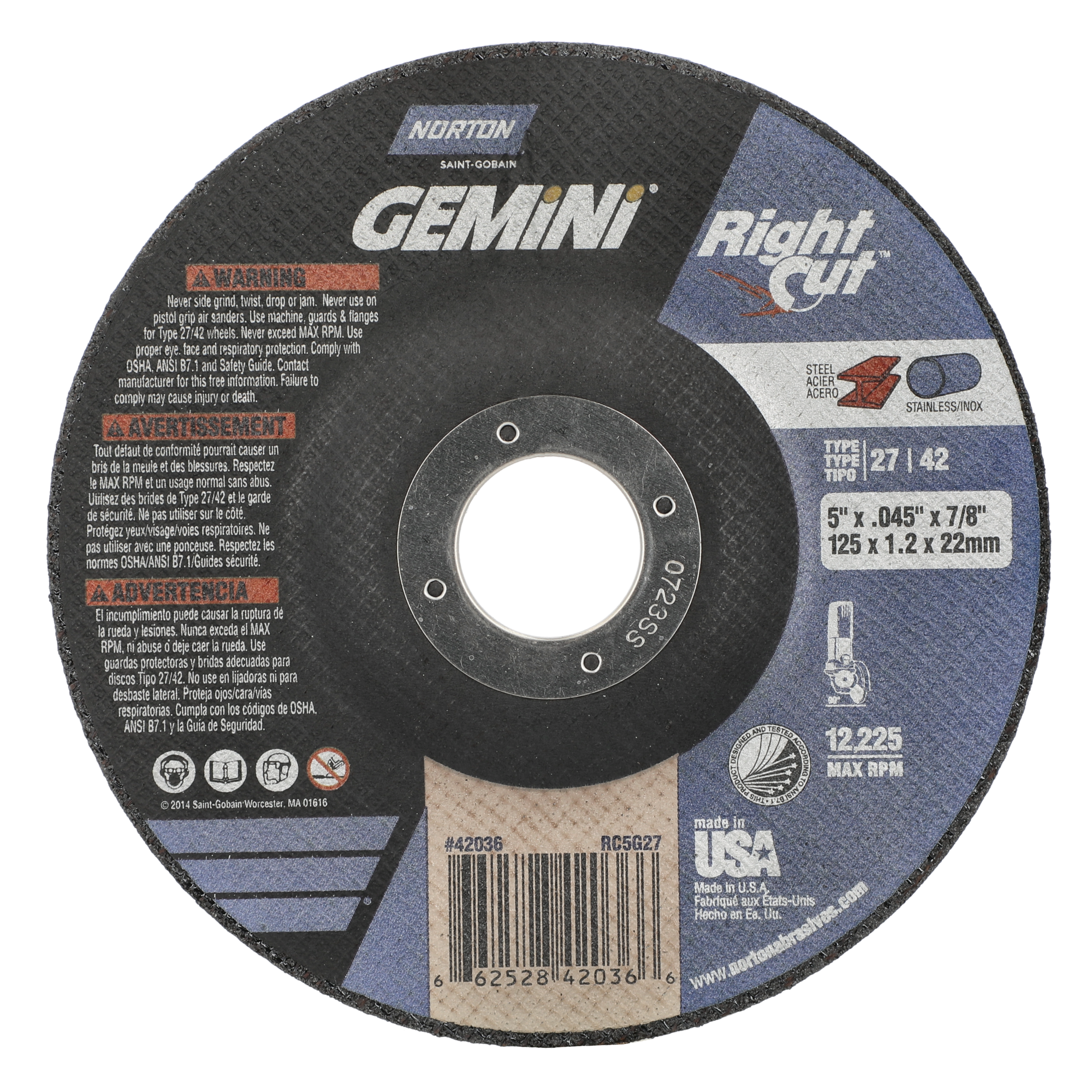 Norton 5 x .045 x 7/8 In. Gemini RightCut Cutting Wheel 24 Q BDA T27/42
