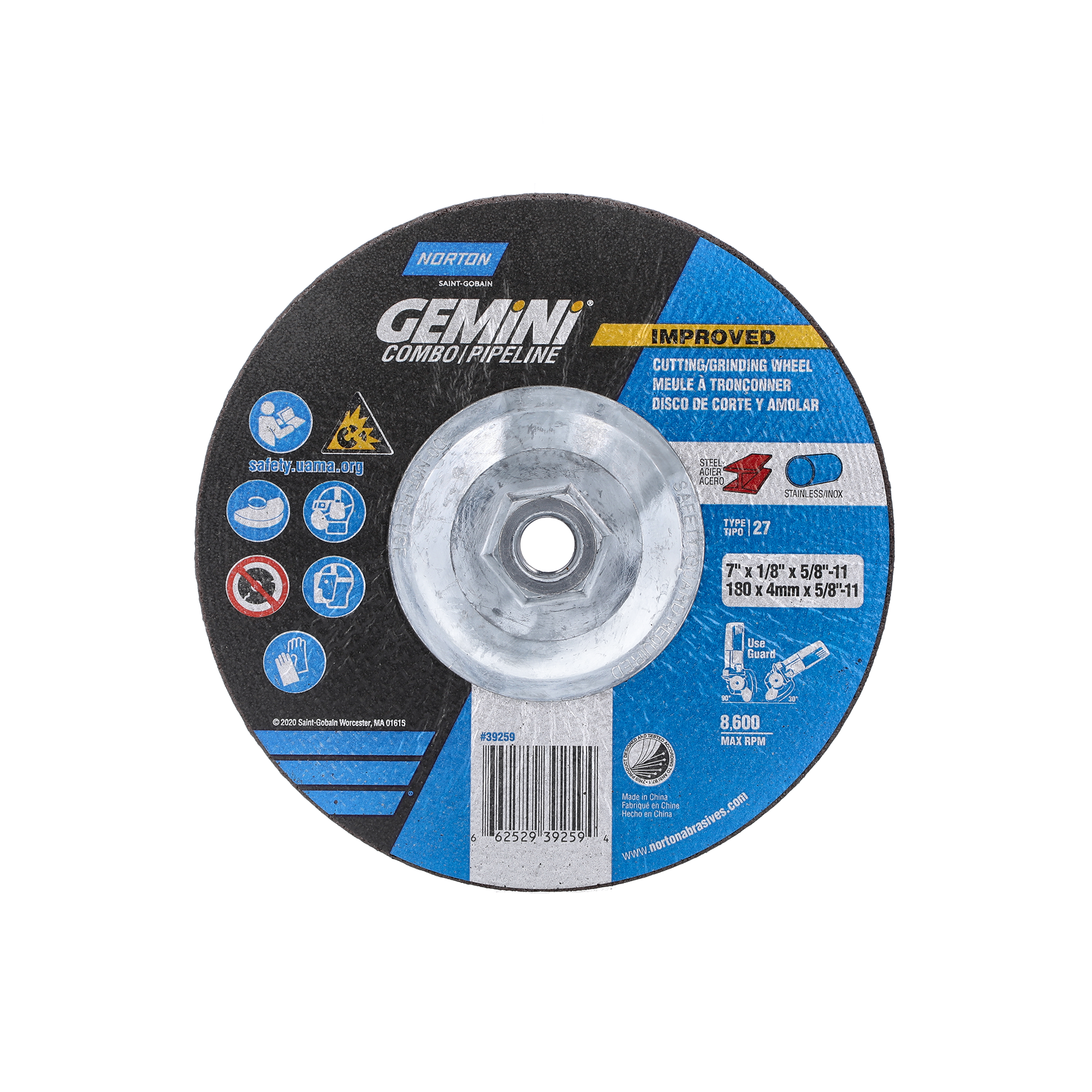 Norton 7 x 1/8 x 5/8 - 11 In. Gemini Grinding and Cutting Whl 24 R T27