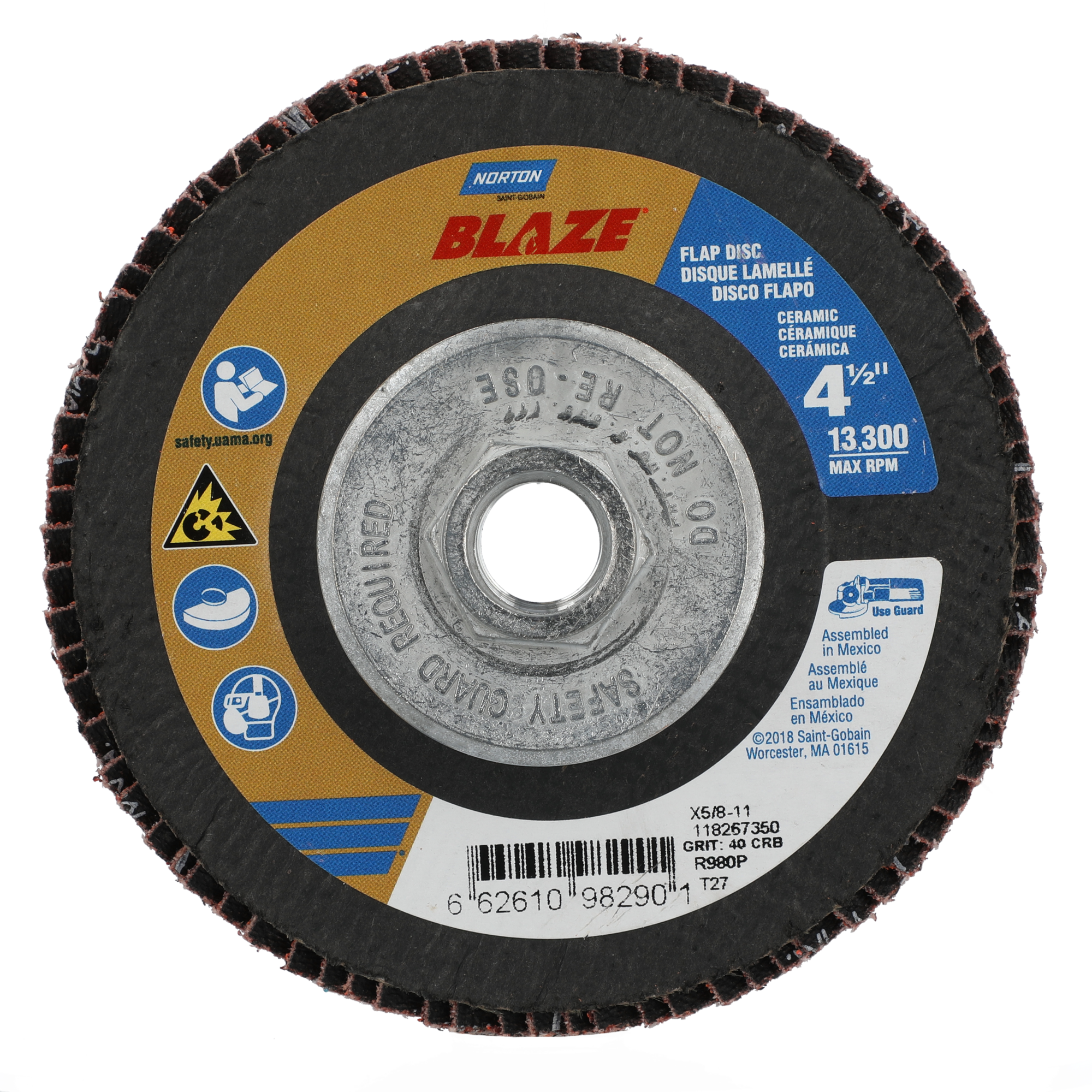 Norton 4-1/2 x 5/8 - 11 In. Blaze Fiberglass HD Flat Flap Disc T27 40 Grit R980P CA