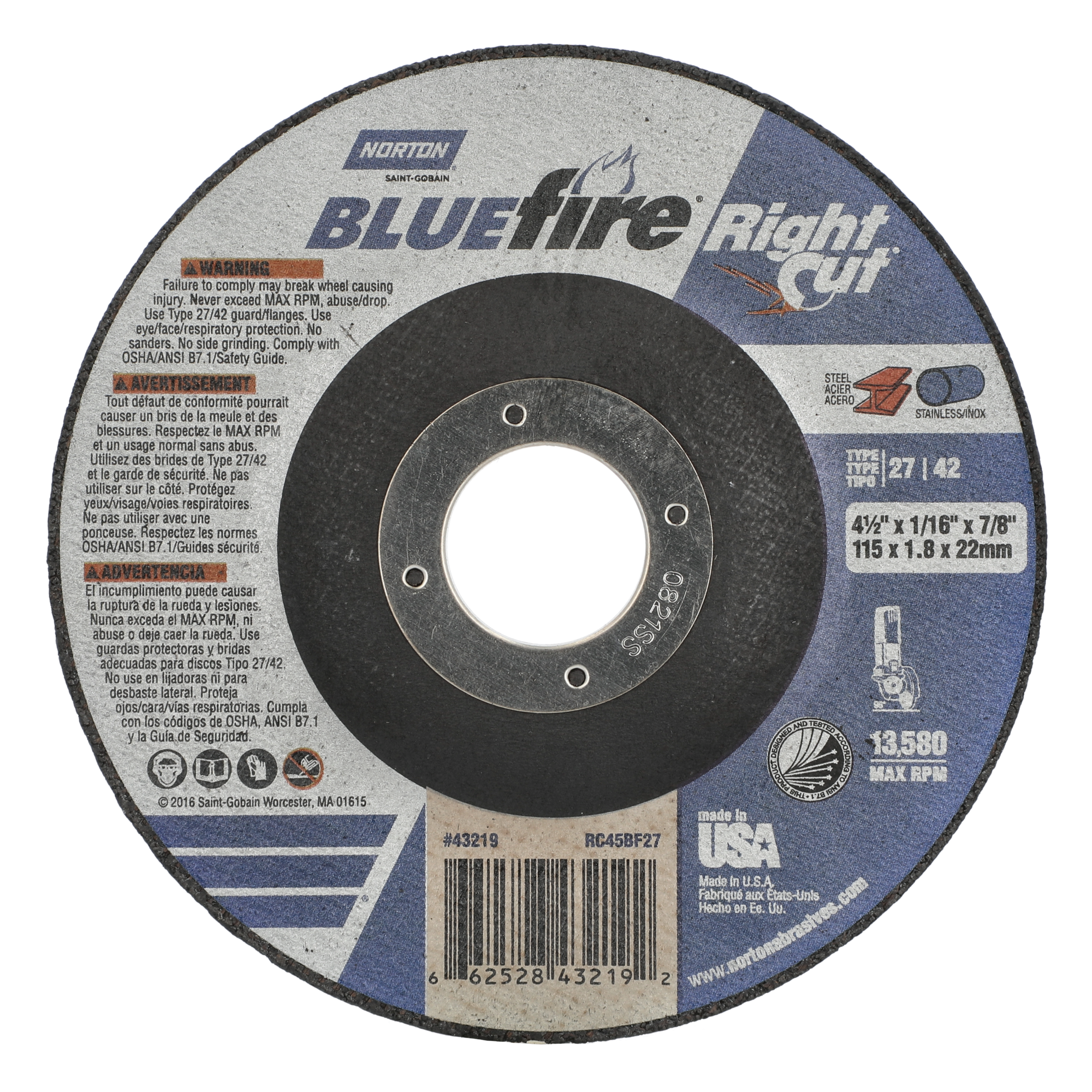 Norton 4-1/2 x 1/16 x 7/8 In. BlueFire RightCut Cutting Wheel 36 R T27/42