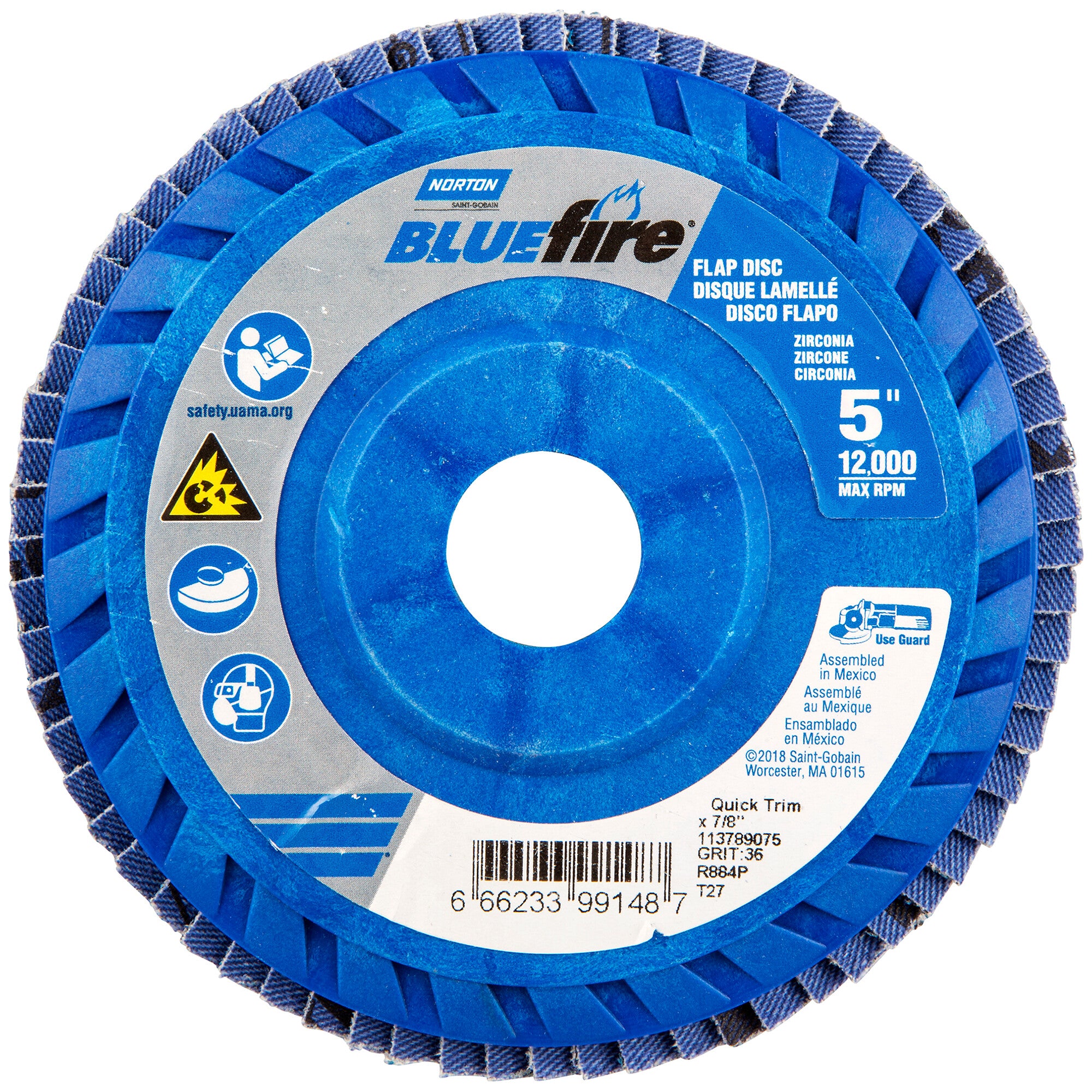 Norton 5 x 7/8 In. BlueFire Plastic Flat Flap Disc T27 P36 Grit R884P ZA