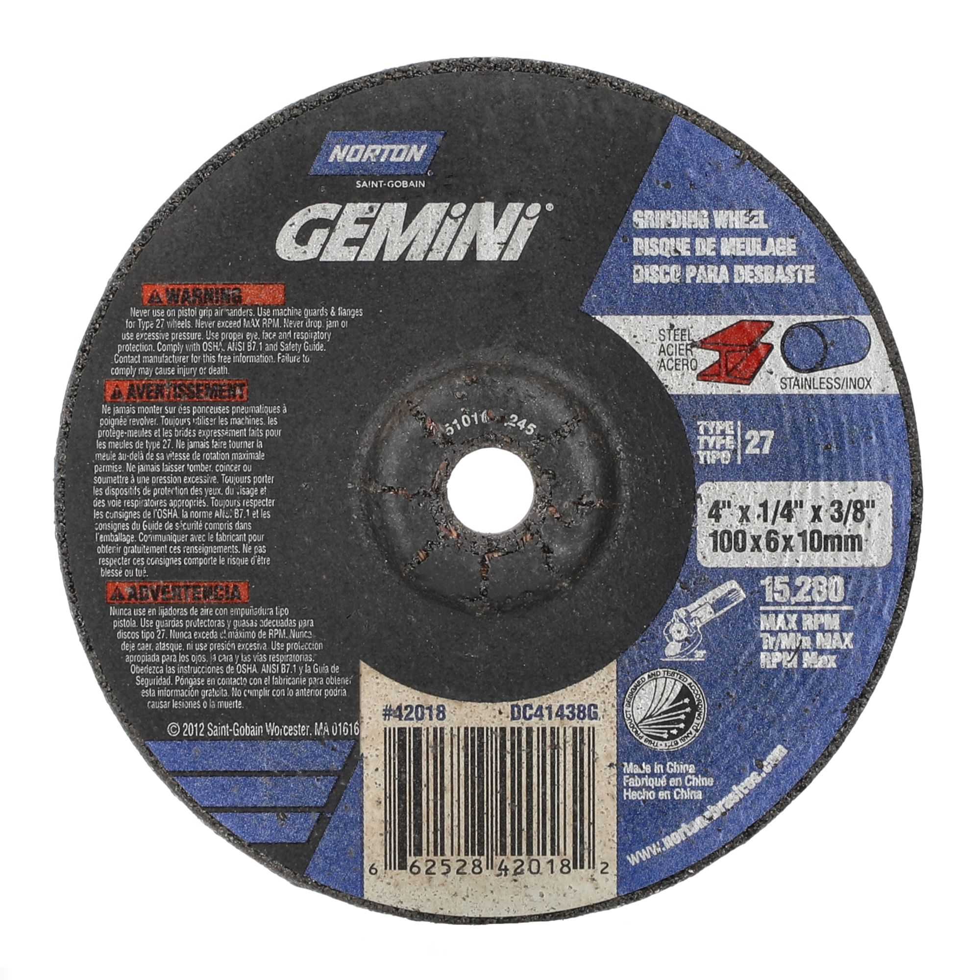 Norton 4 x 1/4 x 3/8 In. Gemini Grinding Wheel 24 Q BDA T27
