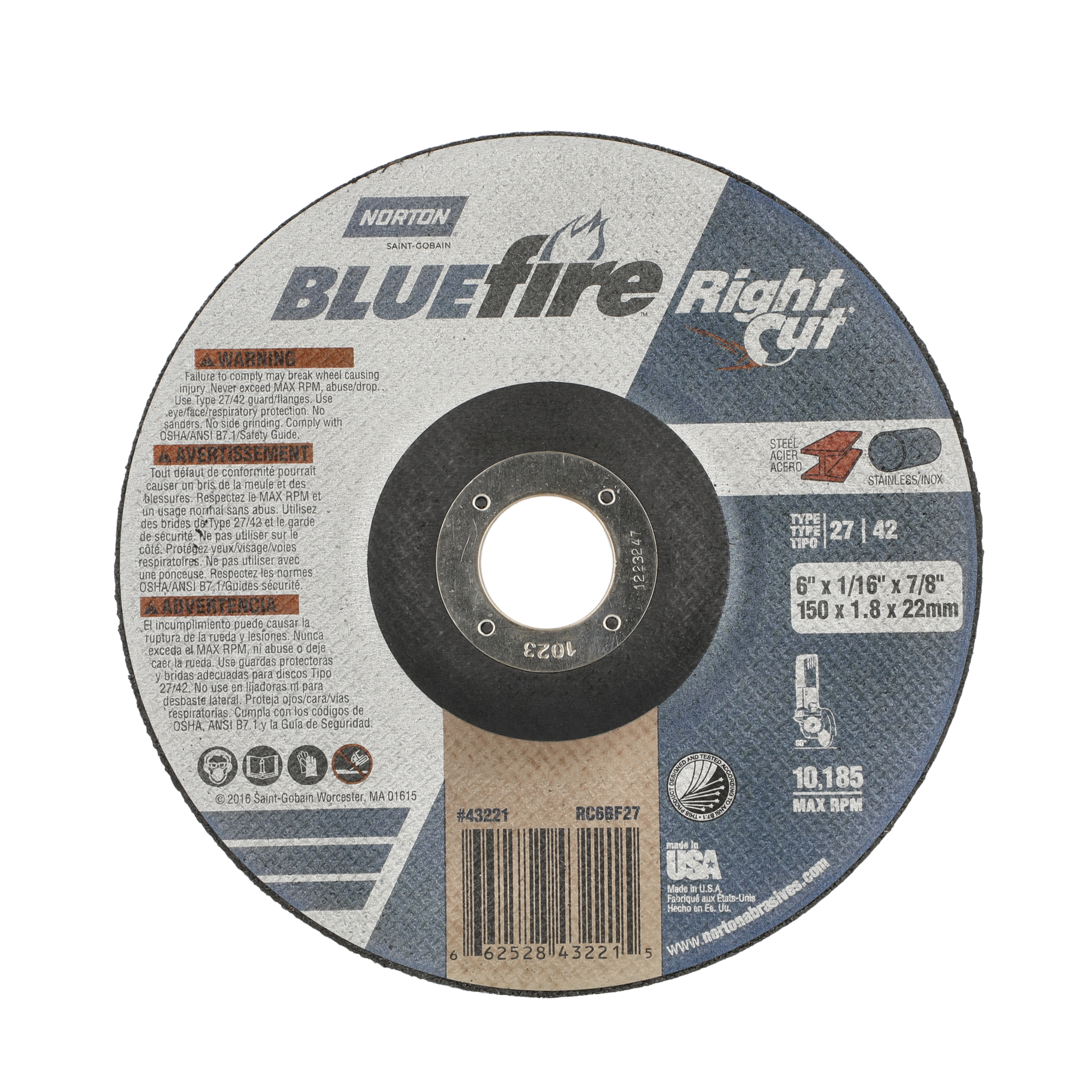 Norton 6 x 1/16 x 7/8 In. BlueFire RightCut Cutting Wheel 36 Q T27/42