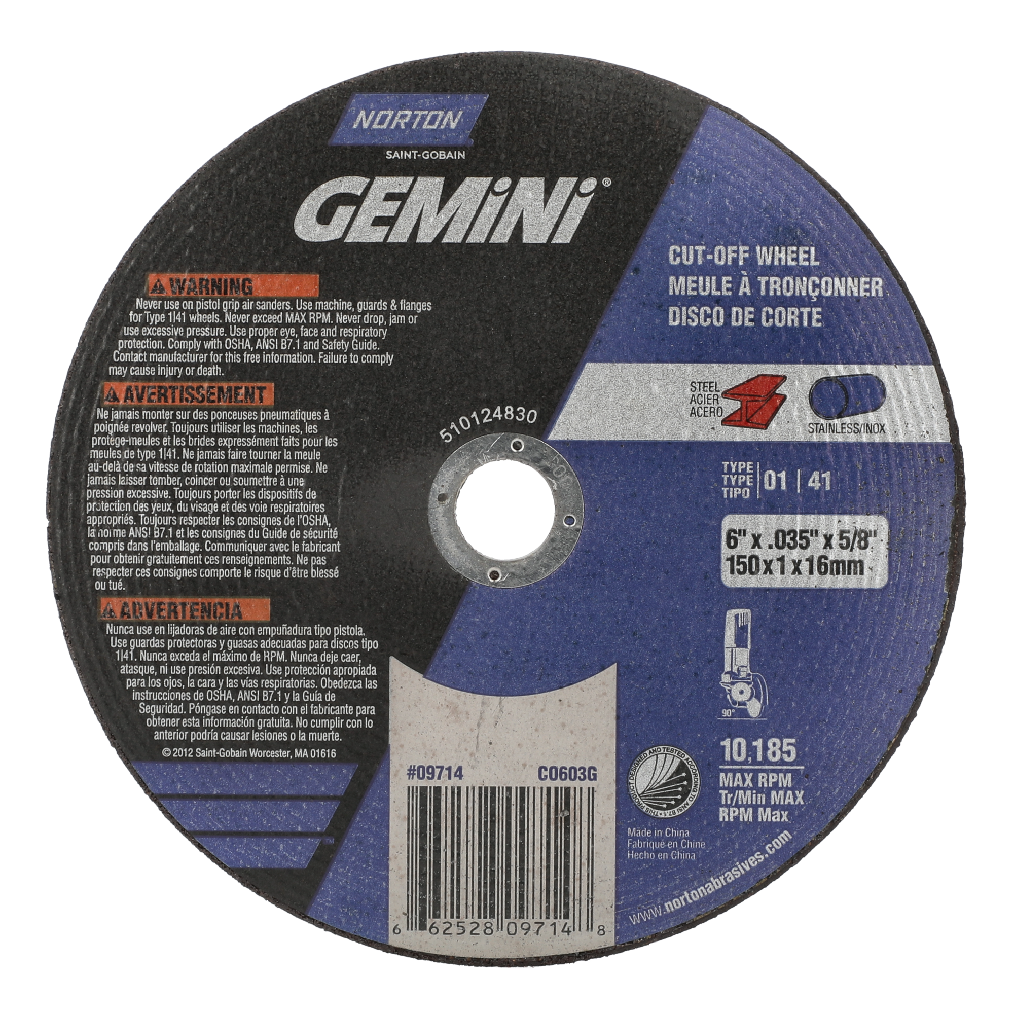 Norton 150 mm x 1 mm x 5/8 In. Gemini Circular Saw Cut-Off Wheel 60 O T01/41