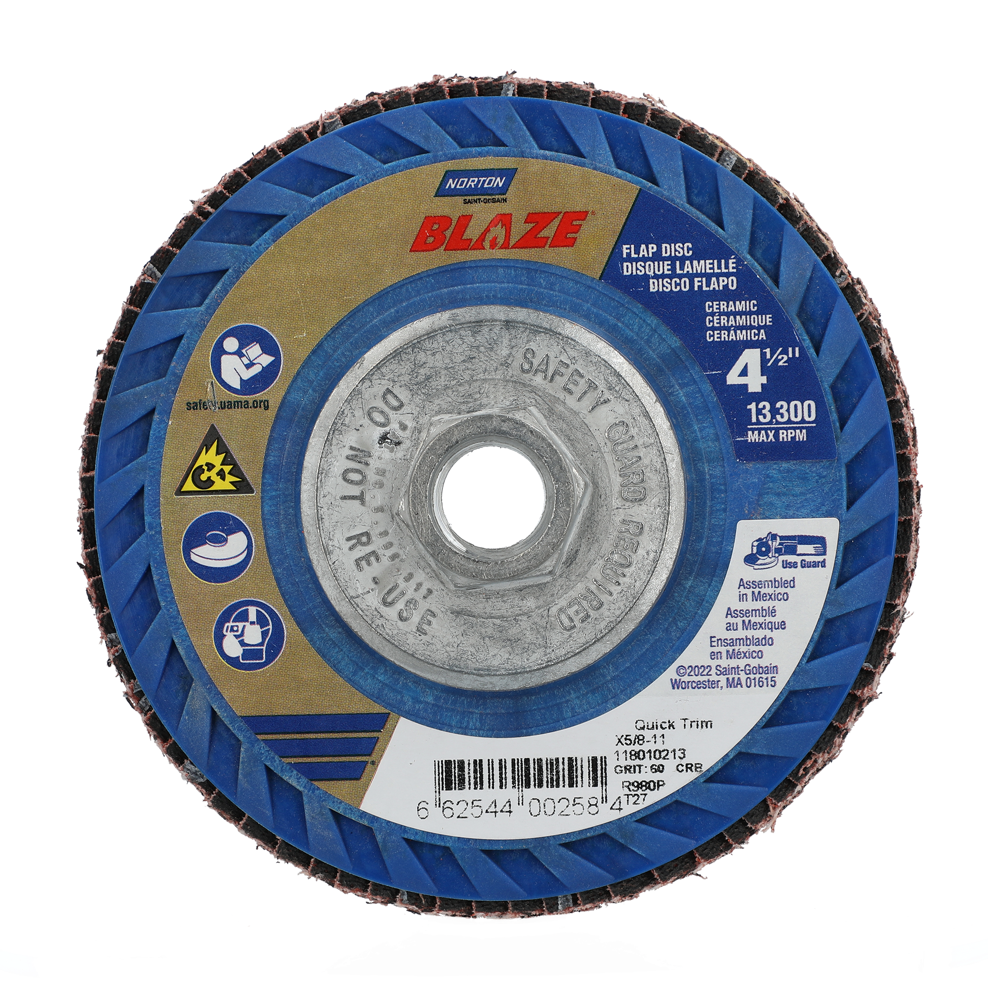 Norton 4-1/2 x 5/8 - 11 In. Blaze Plastic Flat Flap Disc T27 60 Grit R980P CA