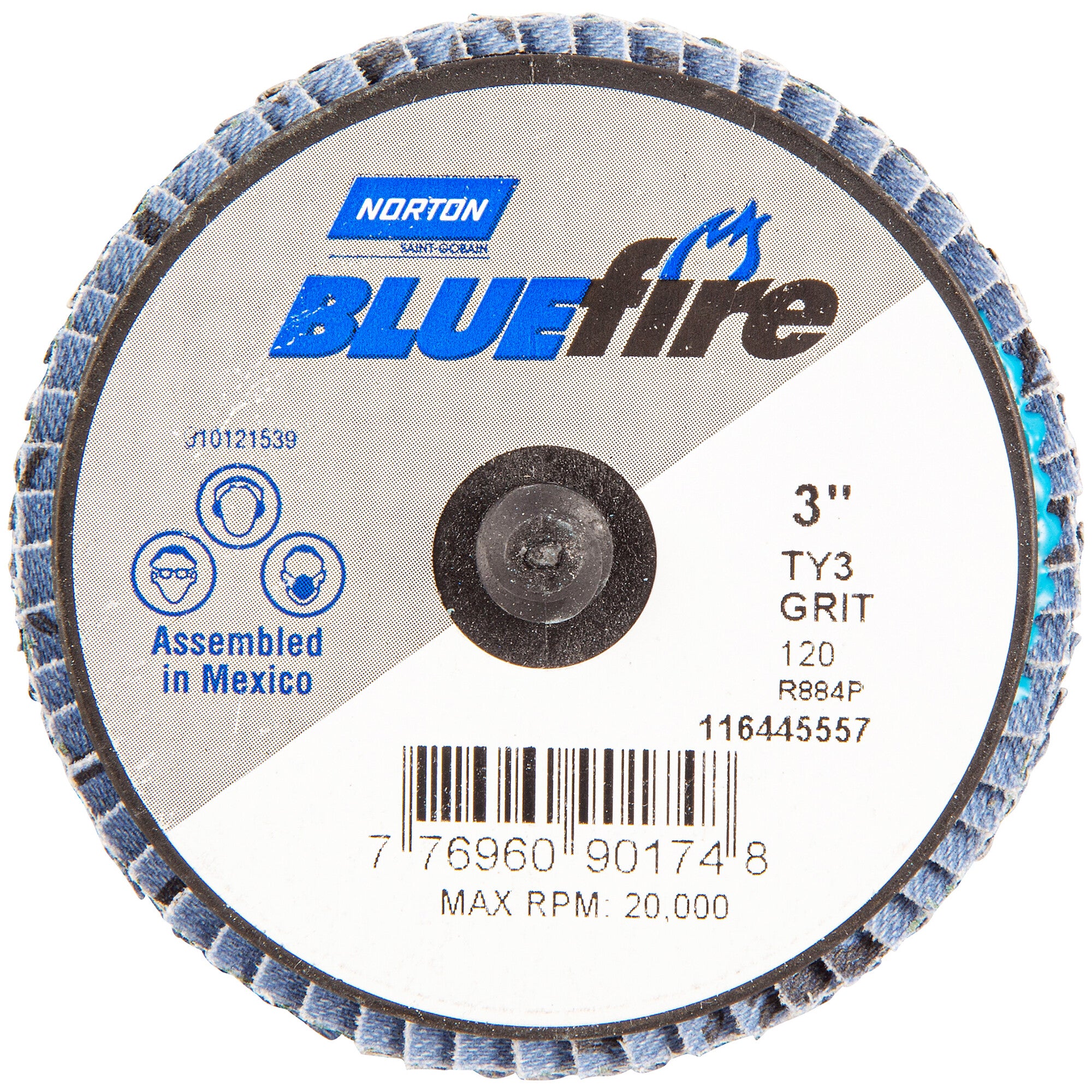 Norton 3 In. BlueFire Plastic Flat Mini Flap Disc Type III T27 P120 Grit R884P2 ZA