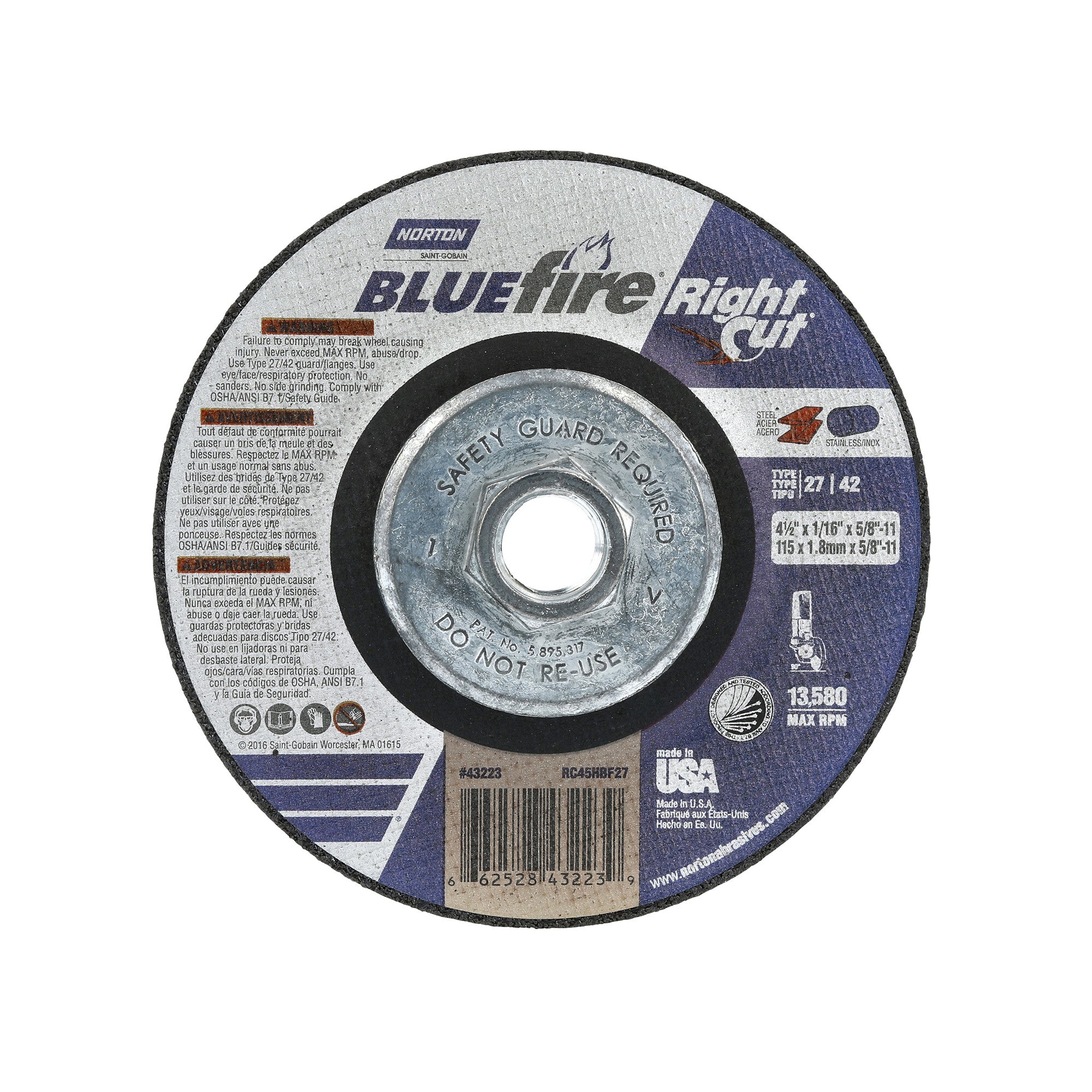 Norton 4-1/2 x 1/16 x 5/8 - 11 In. BlueFire RightCut Cutting Wheel 36 R T27/42