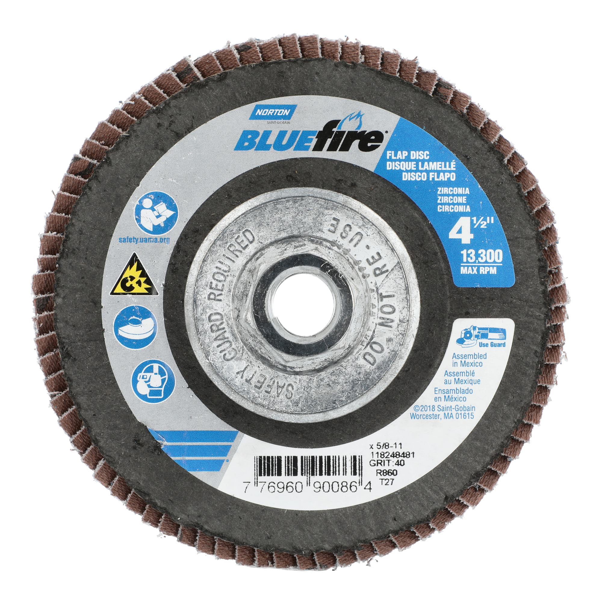Norton 4-1/2 x 5/8 - 11 In. BlueFire Fiberglass HD Flat Flap Disc T27 P40 Grit R884P1 ZA