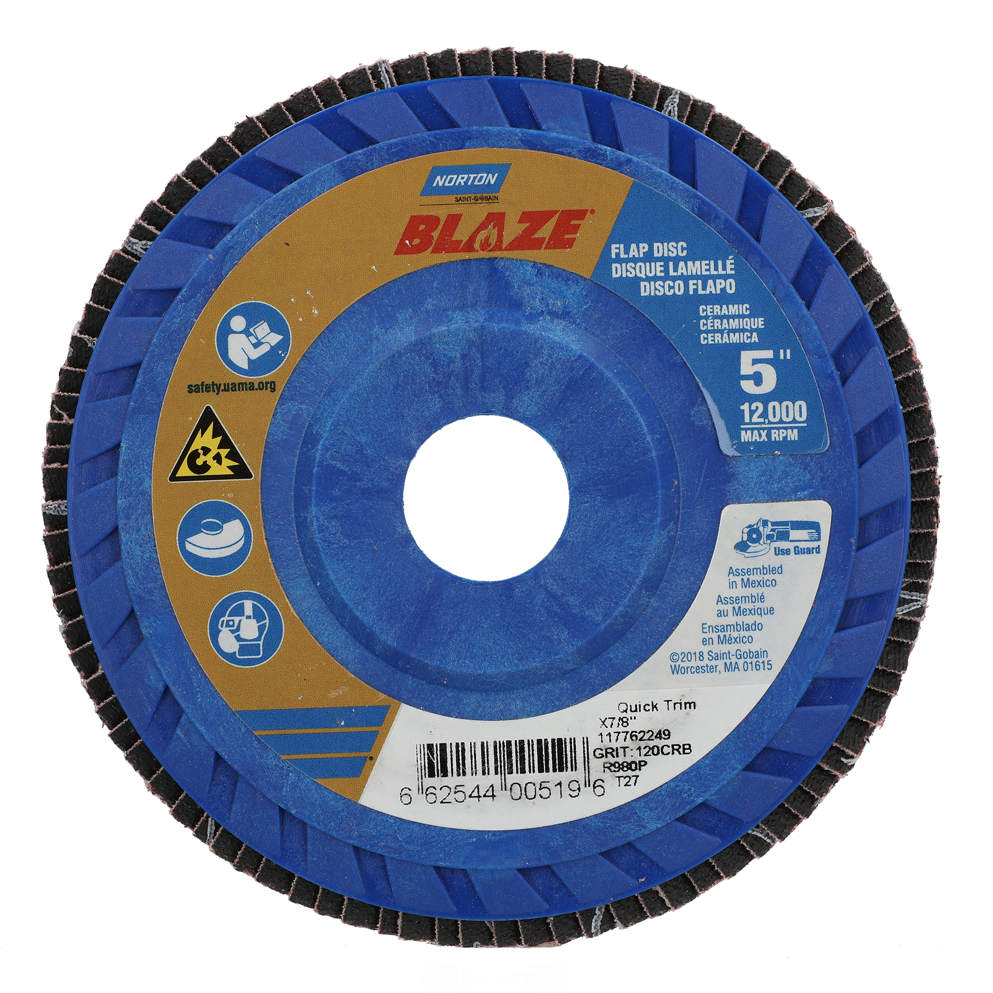 Norton 5 x 7/8 In. Blaze Plastic Flat Flap Disc T27 120 Grit R980P CA
