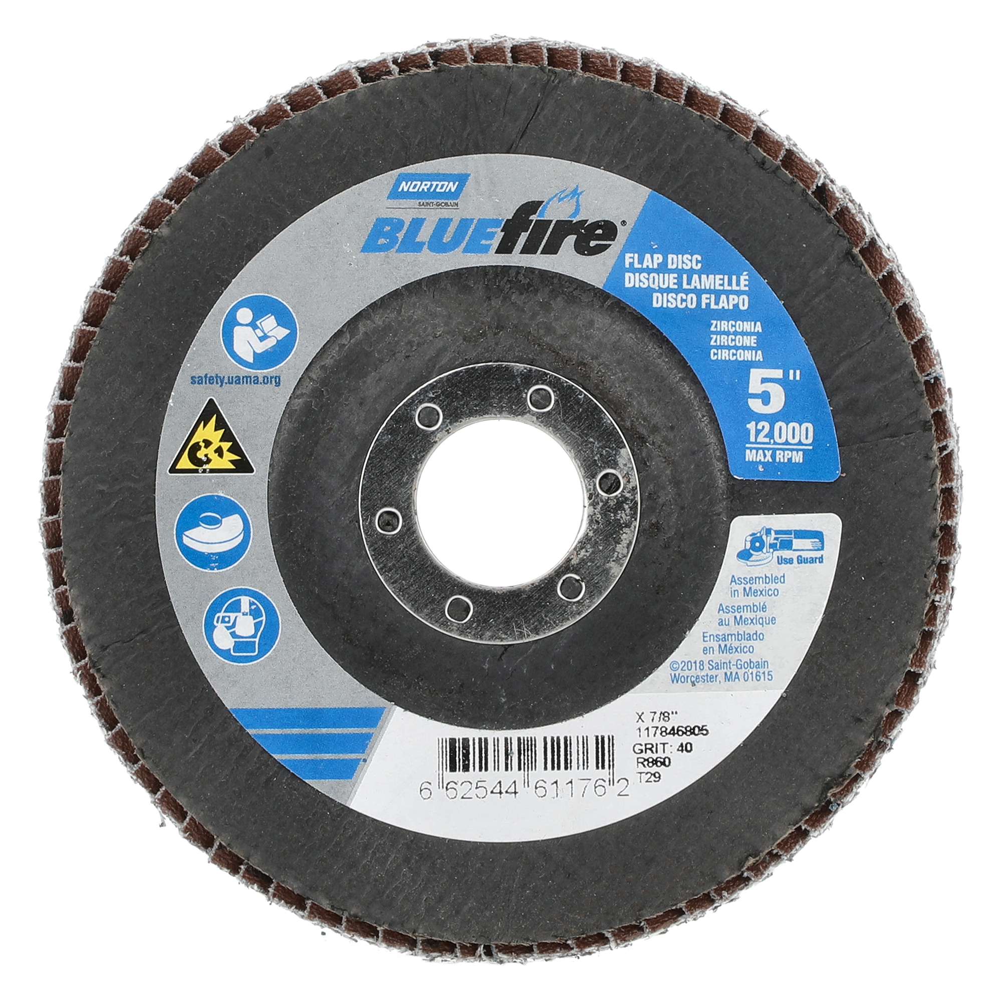 Norton 5 x 7/8 In. BlueFire Fiberglass Conical Flap Disc T29 P40 Grit R884P ZA