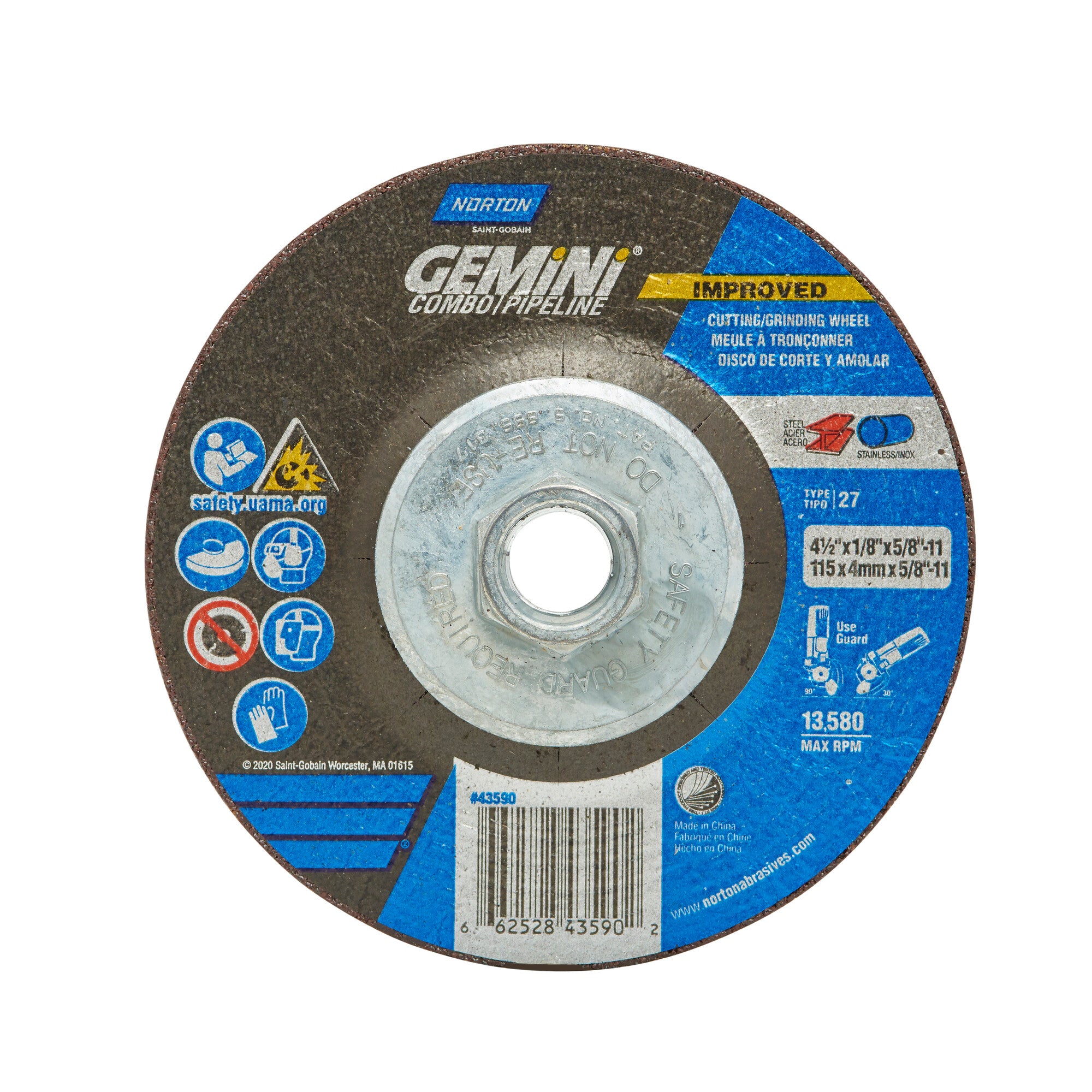 Norton 4-1/2 x 1/8 x 5/8 - 11 In. Gemini Grinding and Cutting Whl 24 Q BDA T27