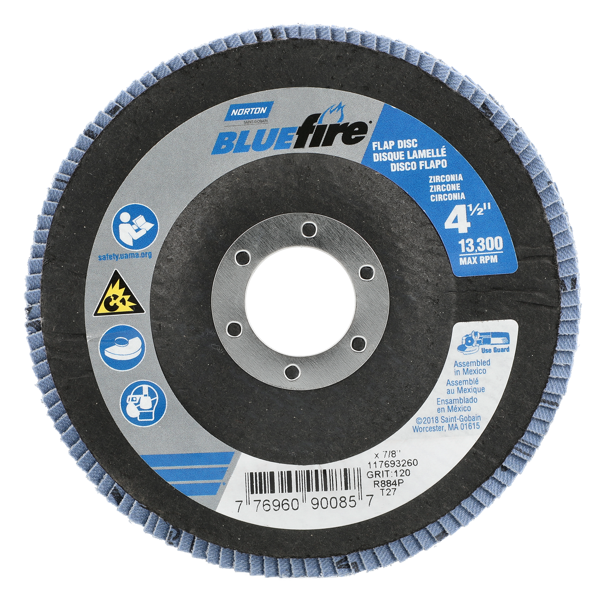Norton 4-1/2 x 7/8 In. BlueFire Fiberglass HD Flat Flap Disc T27 P120 Grit R884P2 ZA