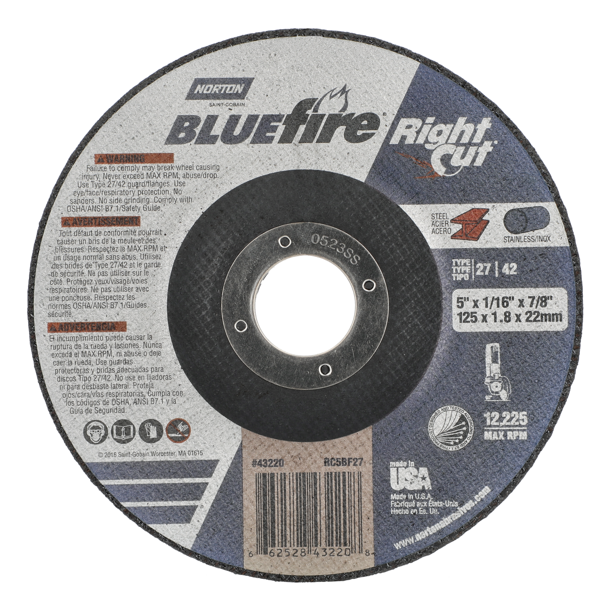 Norton 5 x 1/16 x 7/8 In. BlueFire RightCut Cutting Wheel 36 Q T27/42