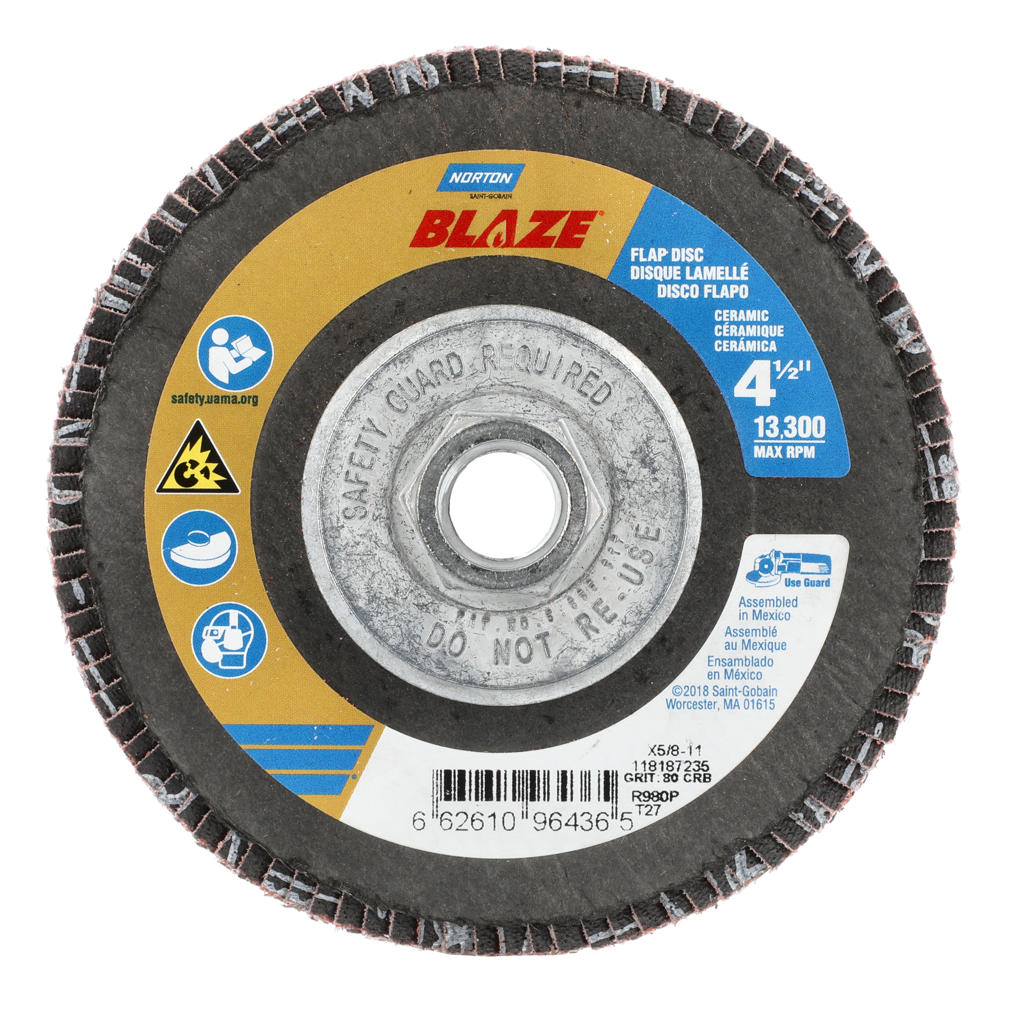 Norton 4-1/2 x 5/8 - 11 In. Blaze Fiberglass HD Flat Flap Disc T27 80 Grit R980P