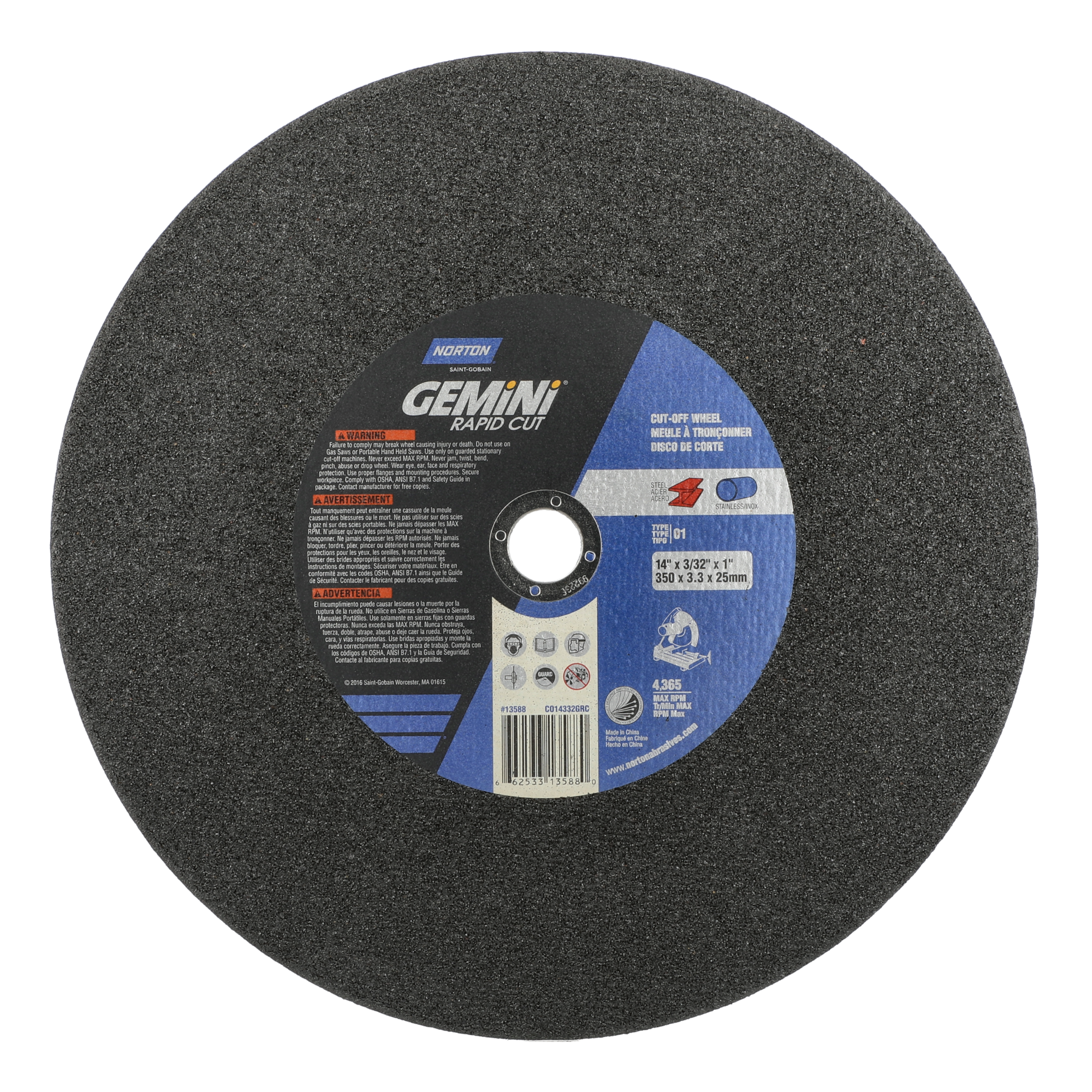 Norton 14 x 3/32 x 1 In. Gemini Rapid Cut Chop Saw Cut-Off Wheel 36 P T01/41