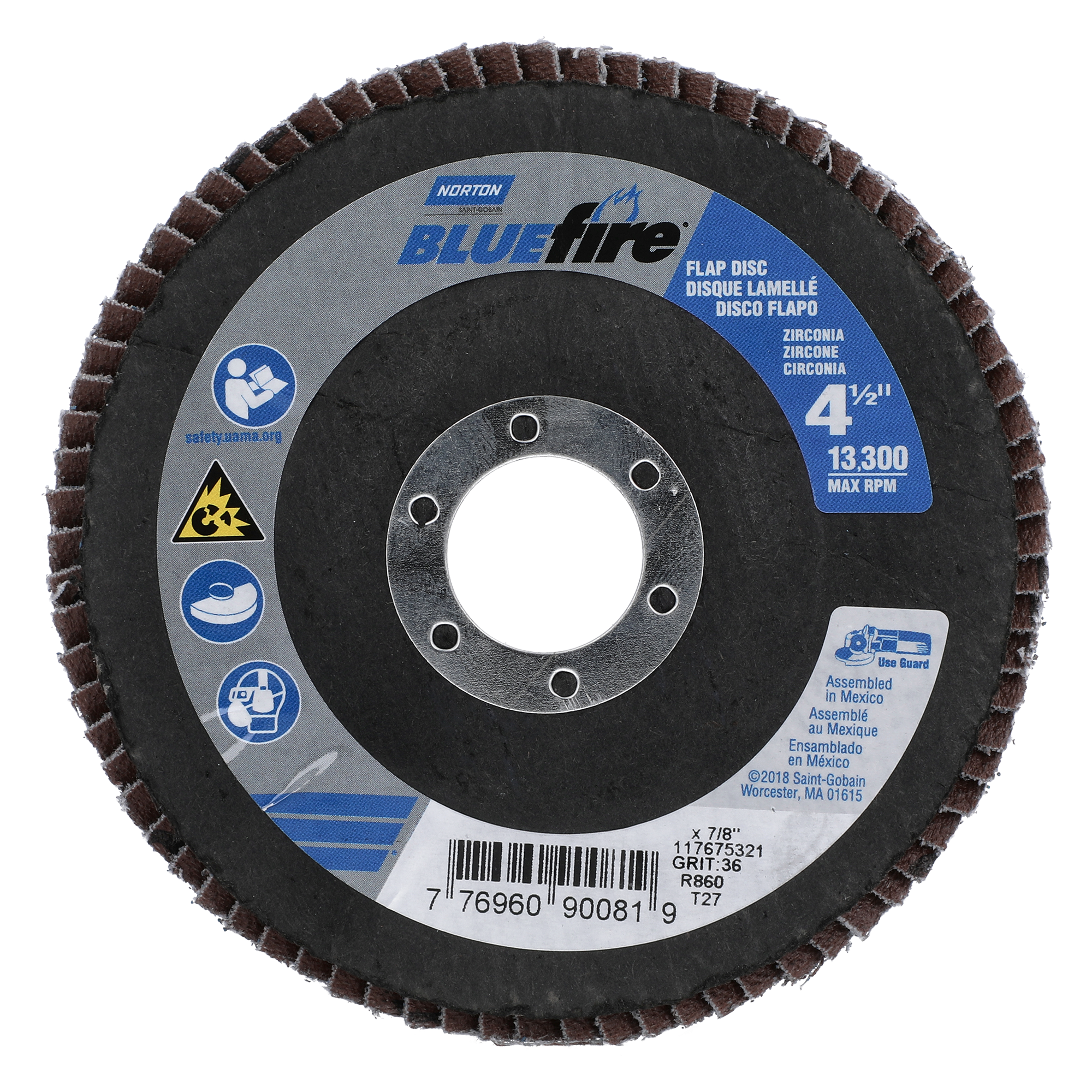 Norton 4-1/2 x 7/8 In. BlueFire Fiberglass HD Flat Flap Disc T27 P36 Grit R884P1 ZA