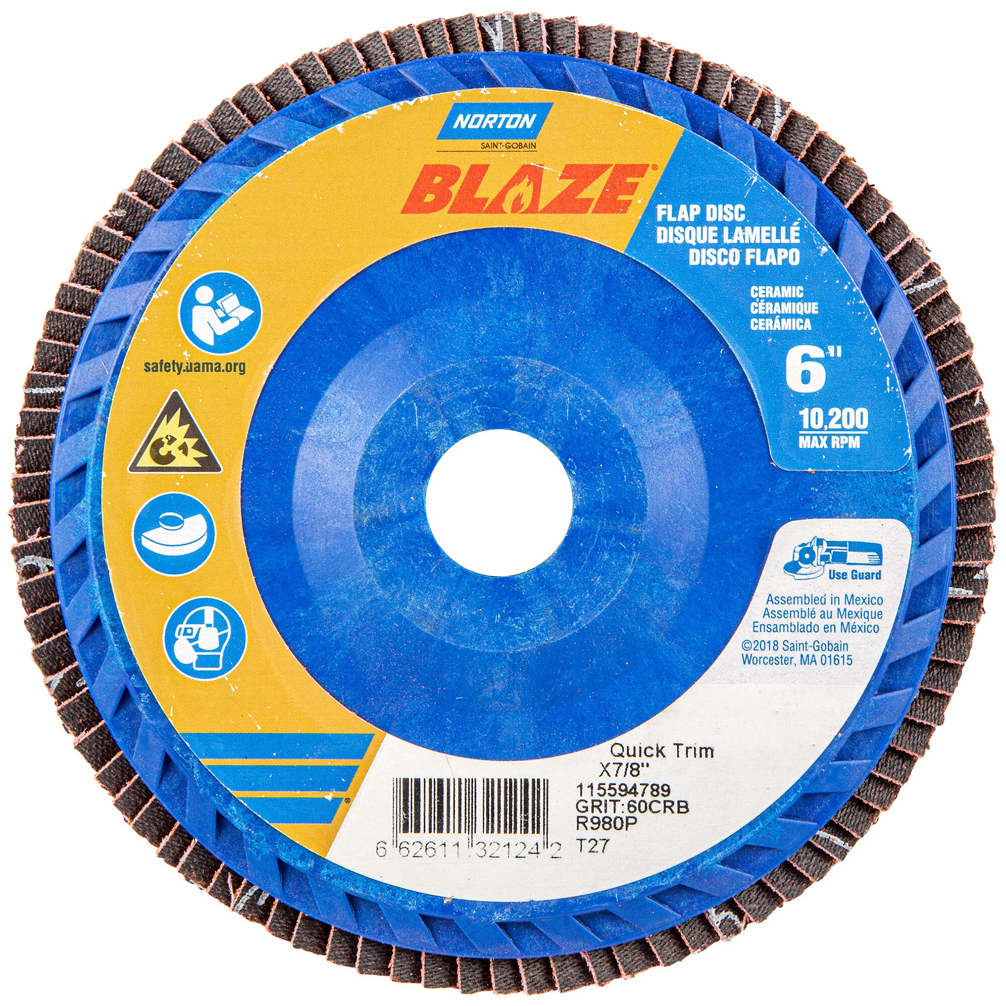 Norton 6 x 7/8 In. Blaze Plastic Flat Flap Disc T27 60 Grit R980P CA