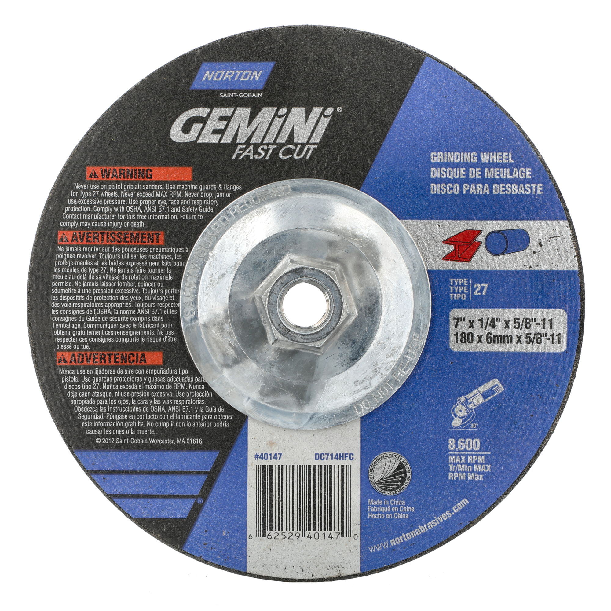 Norton 7 x 1/4 x 5/8 - 11 In. Gemini FC Grinding Wheel 24 N T27