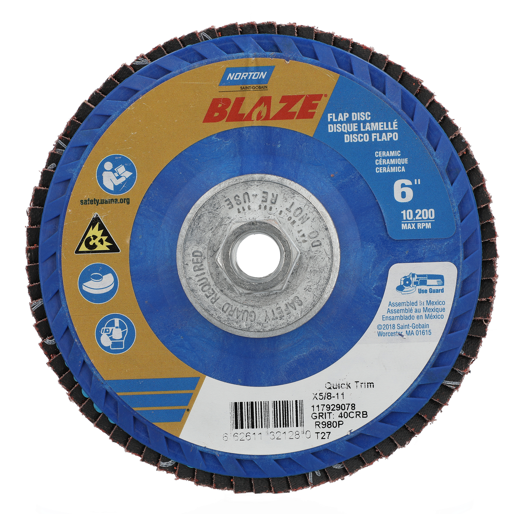Norton 6 x 5/8 - 11 In. Blaze Plastic Flat Flap Disc T27 40 Grit R980P CA