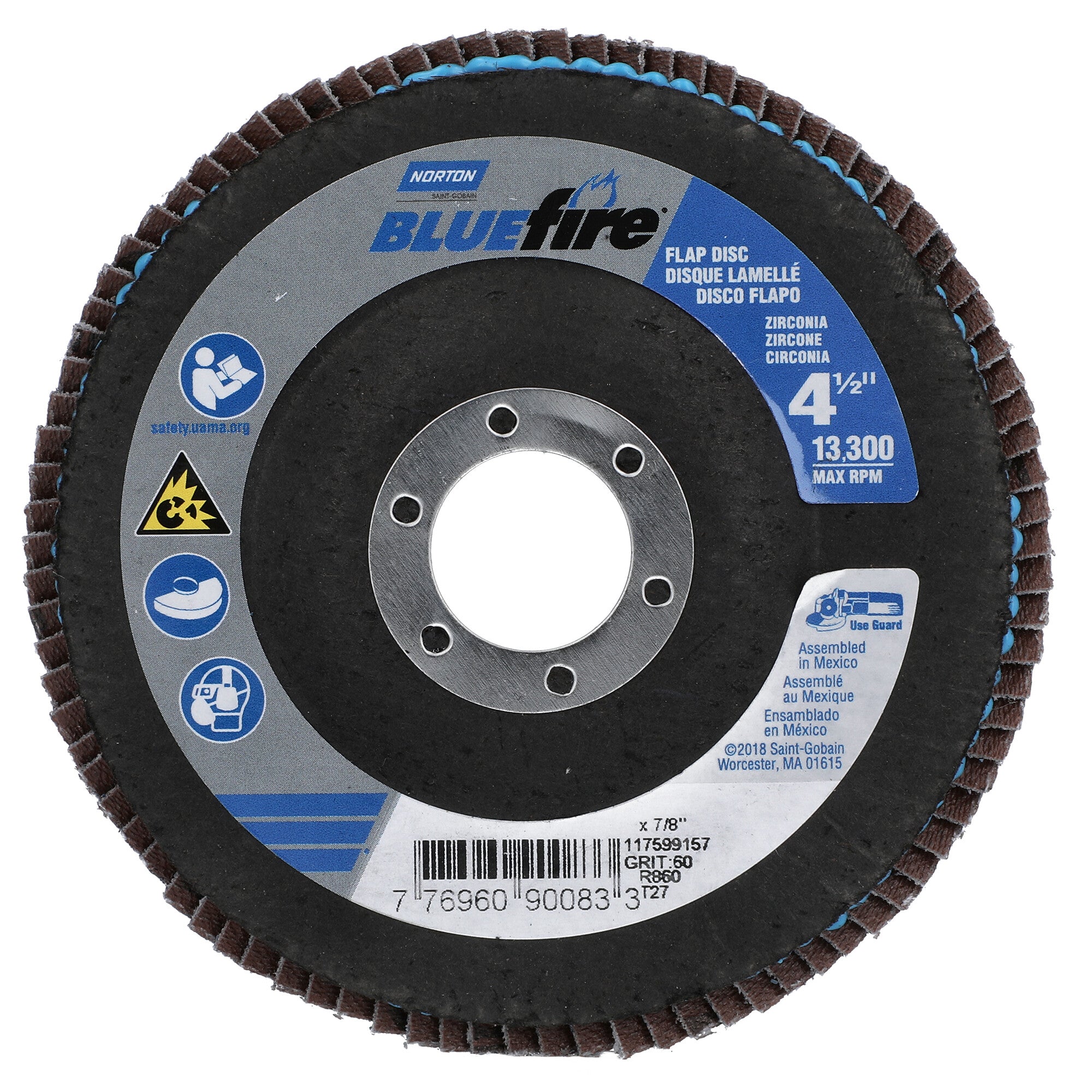 Norton 4-1/2 x 7/8 In. BlueFire Fiberglass HD Flat Flap Disc T27 P60 Grit R884P1 ZA