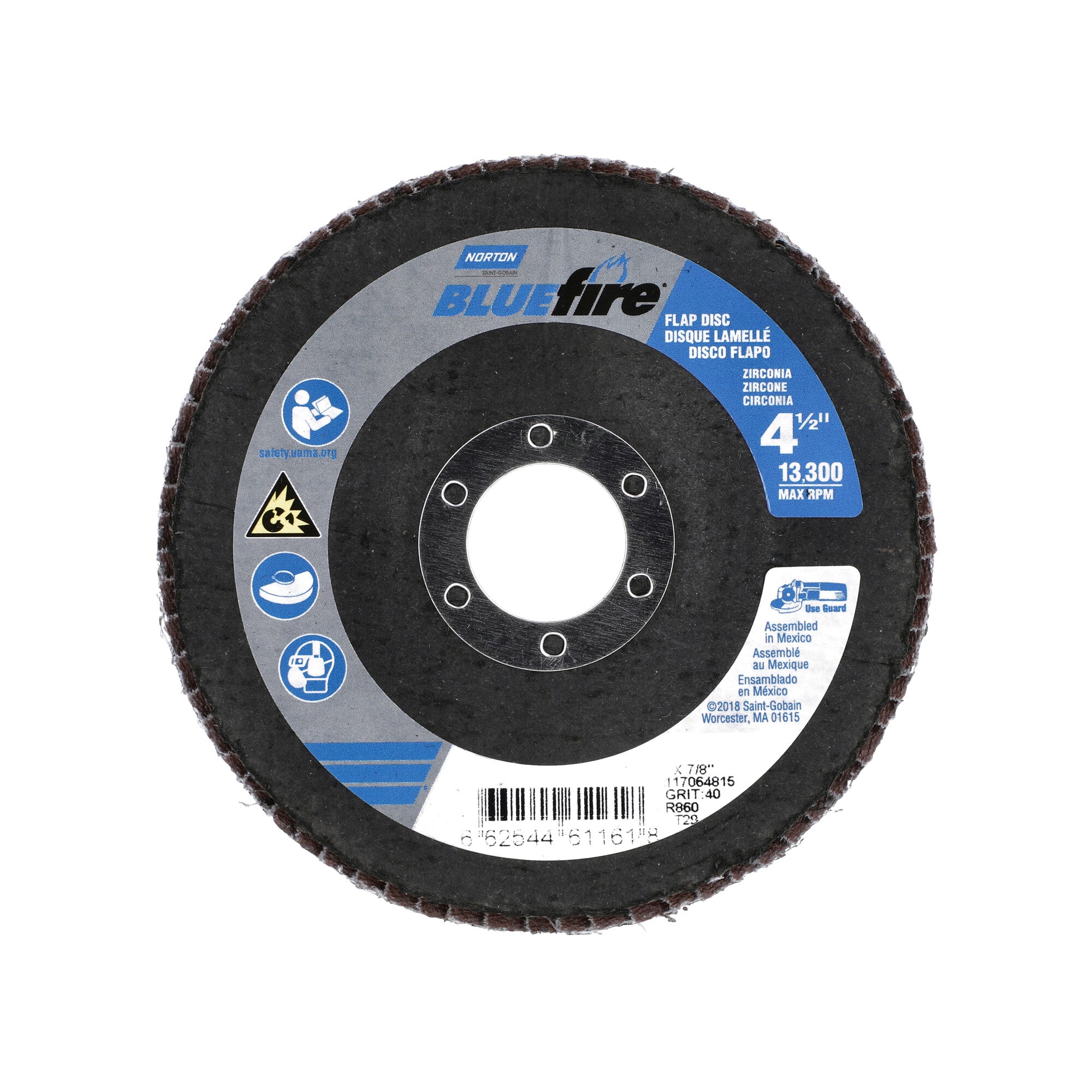 Norton 4-1/2 x 7/8 In. BlueFire Fiberglass Conical Flap Disc T29 P40 Grit R884P ZA