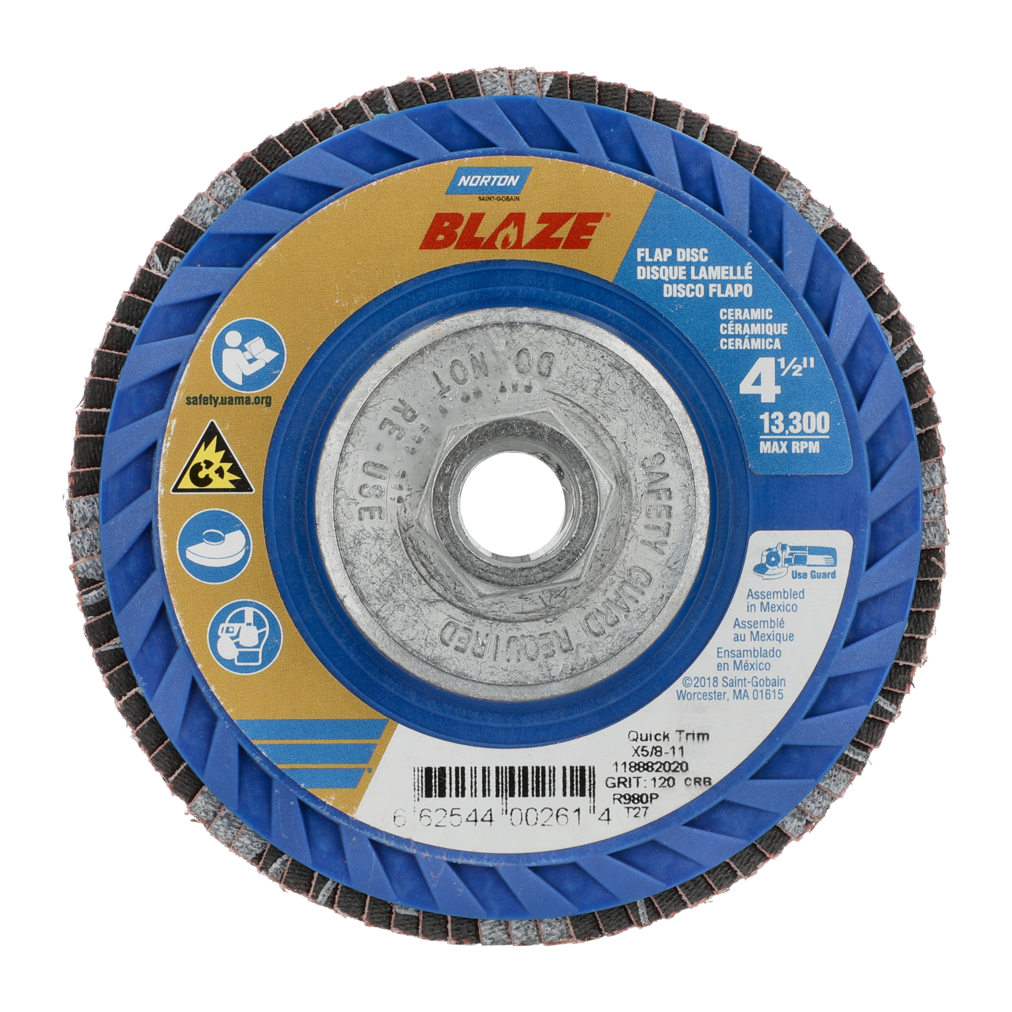 Norton 4-1/2 x 5/8 - 11 In. Blaze Plastic Flat Flap Disc T27 120 Grit R980P CA