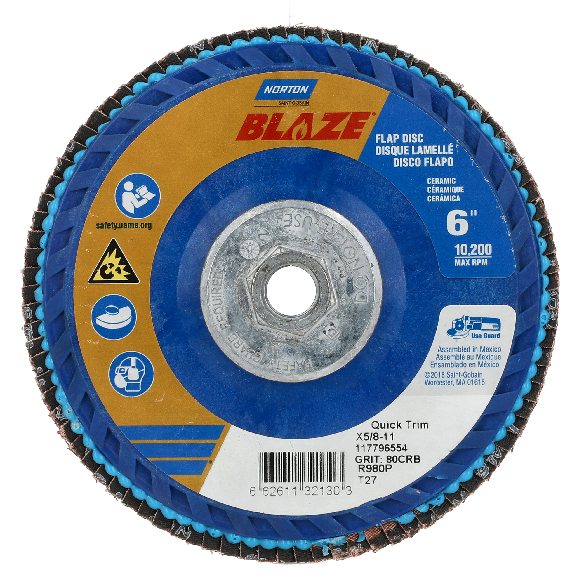 Norton 6 x 5/8 - 11 In. Blaze Plastic Flat Flap Disc T27 80 Grit R980P