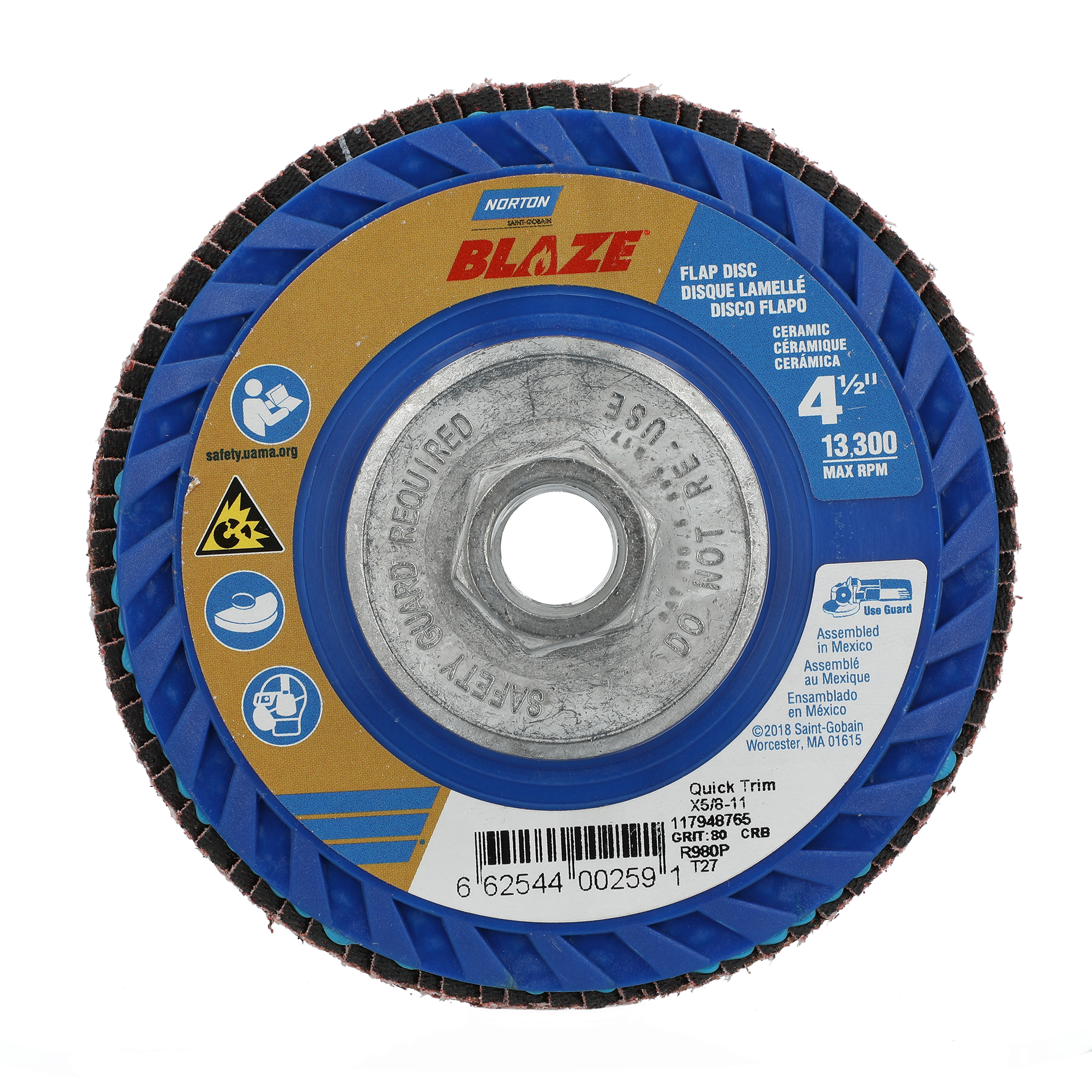 Norton 4-1/2 x 5/8 - 11 In. Blaze Plastic Flat Flap Disc T27 80 Grit R980P