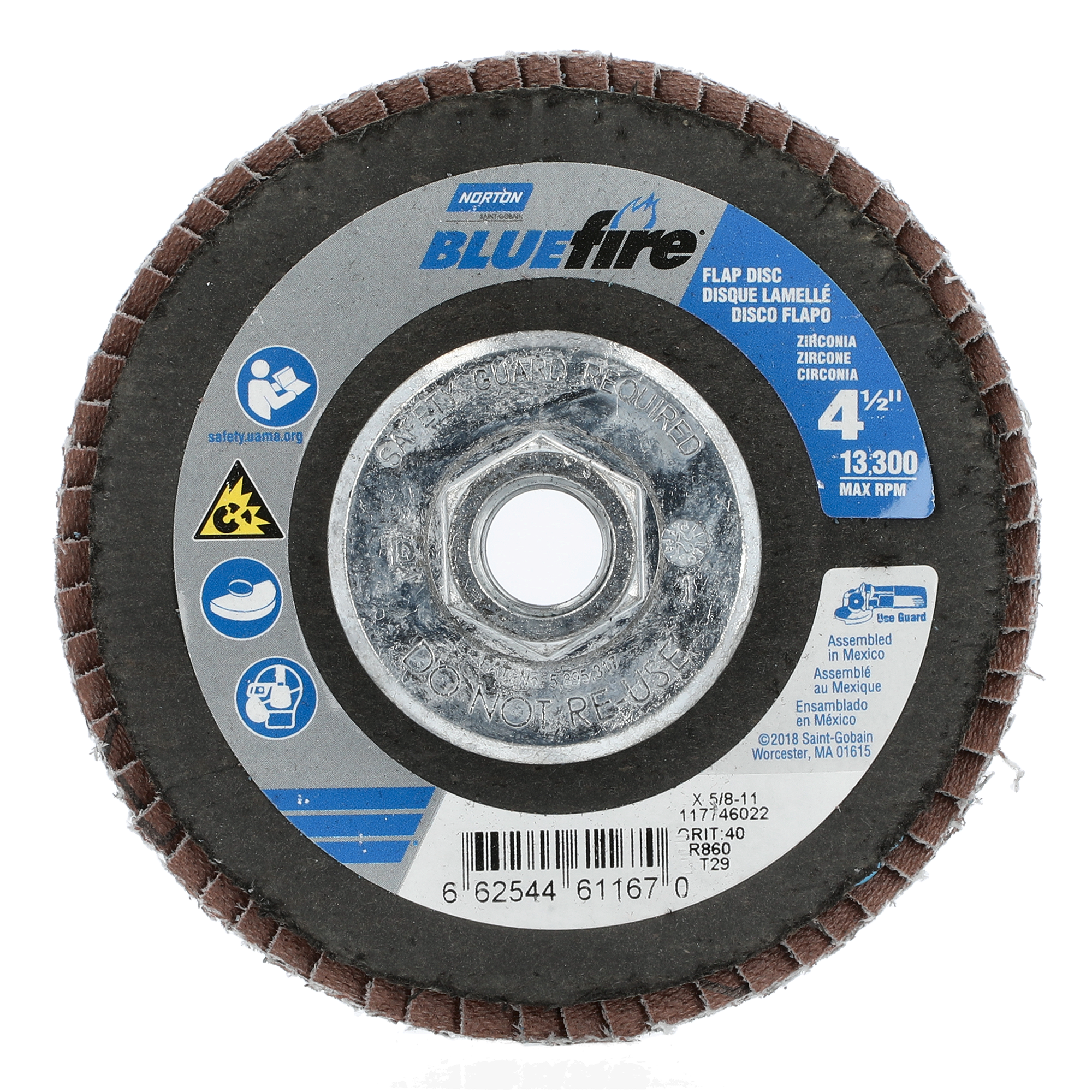 Norton 4-1/2 x 5/8 - 11 In. BlueFire Fiberglass Conical Flap Disc T29 P40 Grit R884P ZA