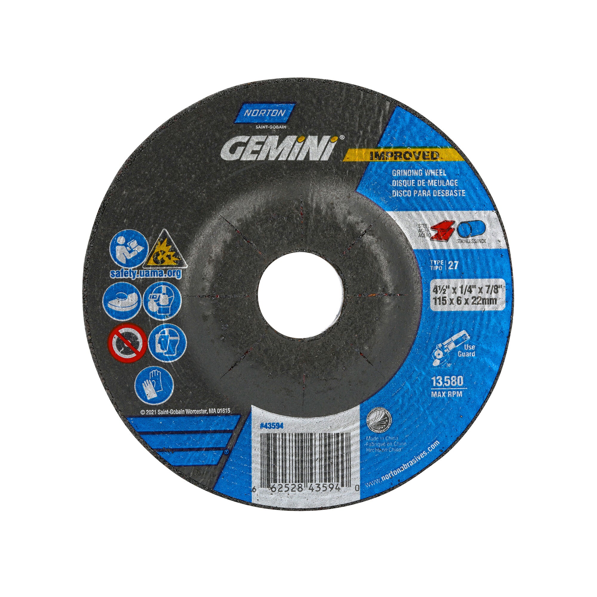 Norton 4-1/2 x 1/4 x 7/8 In. Gemini Grinding Wheel 24 S BDA T27