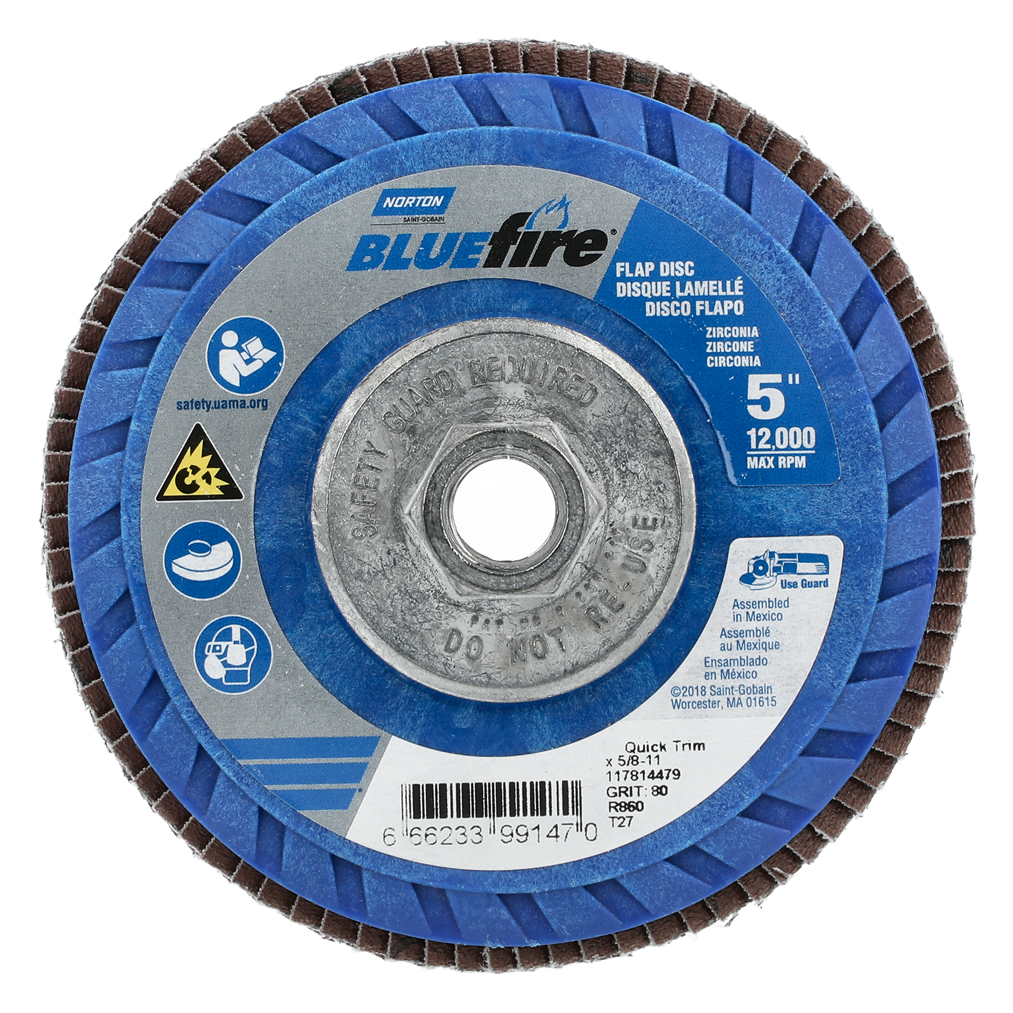 Norton 5 x 5/8 - 11 In. BlueFire Plastic Flat Flap Disc T27 P80 Grit R884P ZA