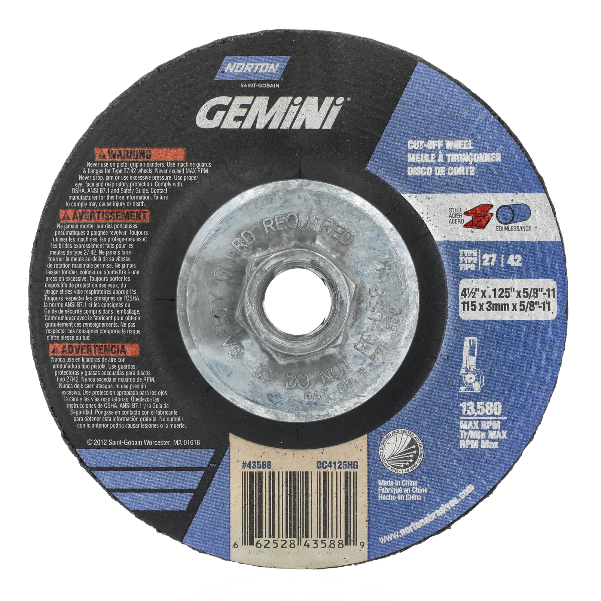 Norton 4-1/2 x .125 x 5/8 - 11 In. Gemini Cutting Wheel 24 T BDA3 T27/42